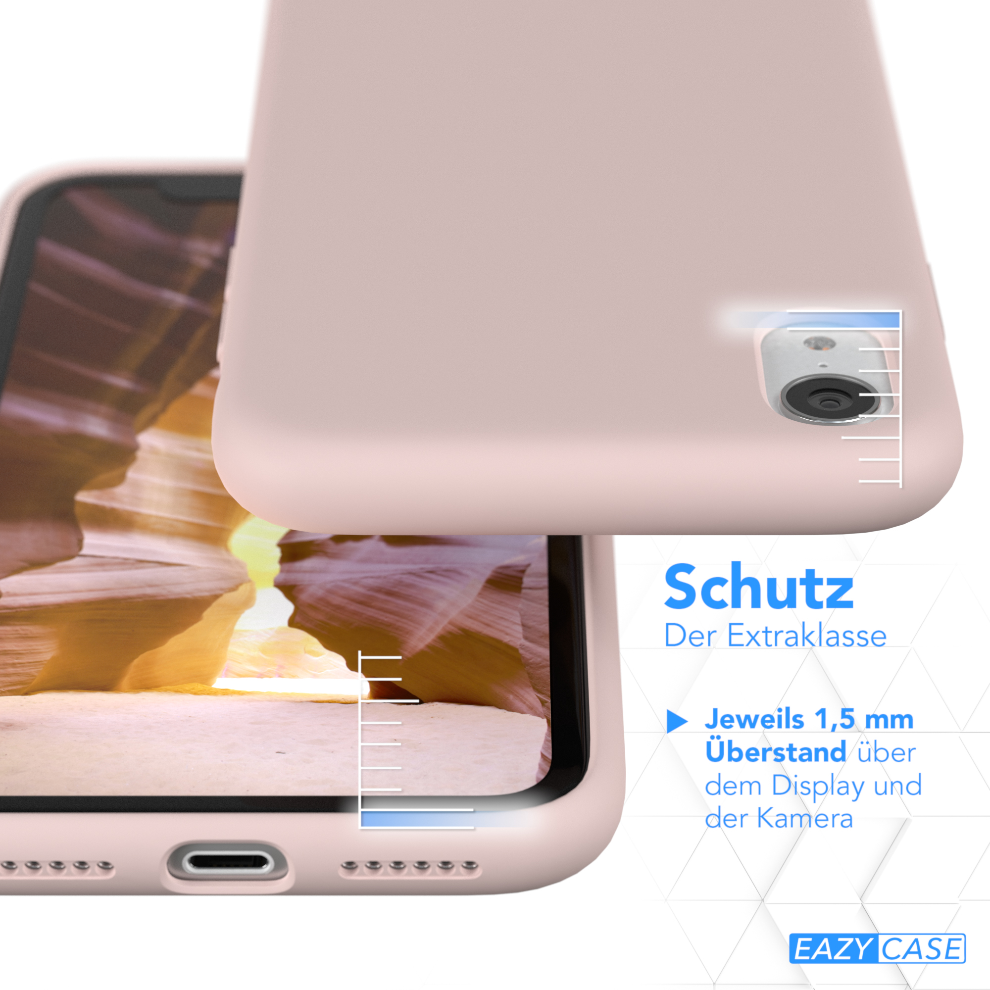 Rosa Handyhülle, Schutzdetails. 1,5 mm Abdeckung über Display und Kamera.