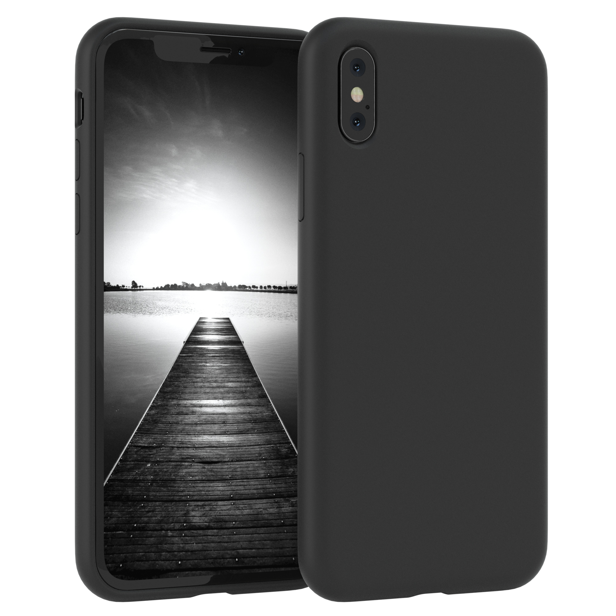 Schwarzes Telefon in einer Hülle, See-Szene in Schwarzweiß auf dem Bildschirm.