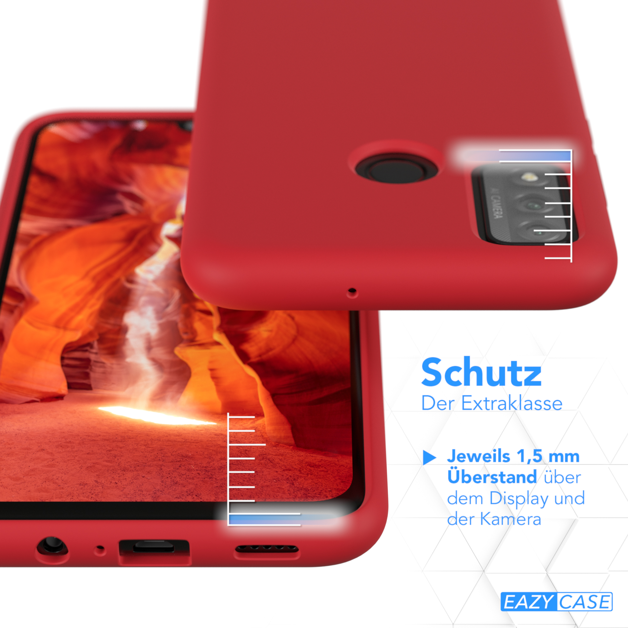 Rote Handyhülle mit Telefon. Schützt Display und Kamera.