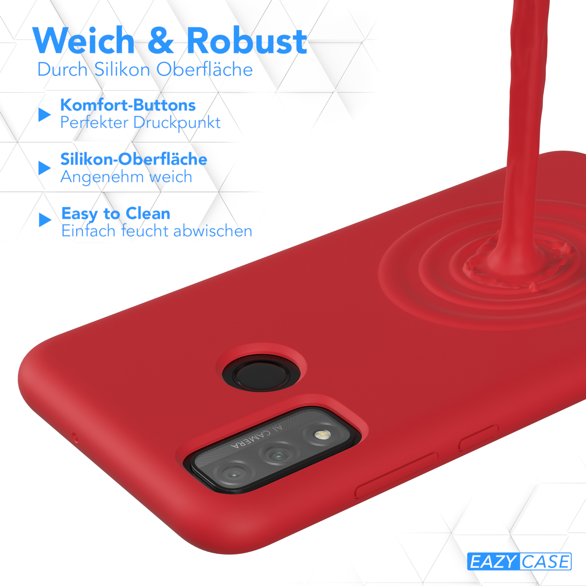 Eine rote Handyhülle wird mit Flüssigkeit übergossen. Das Case ist für ein Telefon.