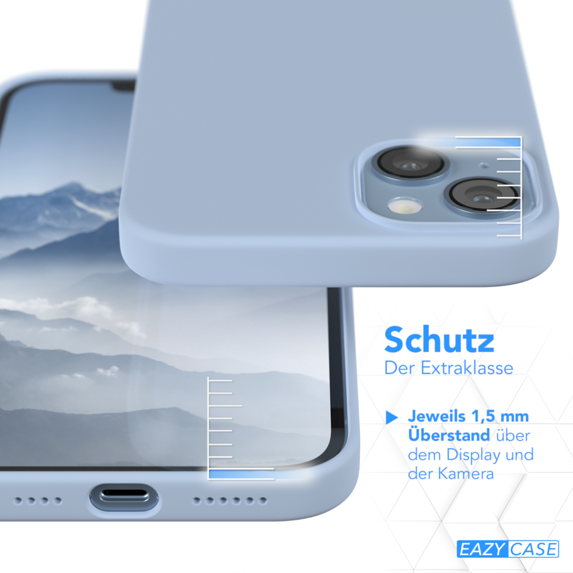 Eine Handyhülle mit einem danebenliegenden Telefon. Text zeigt 'Schutz Der Extraklasse' und Schutzdetails.
