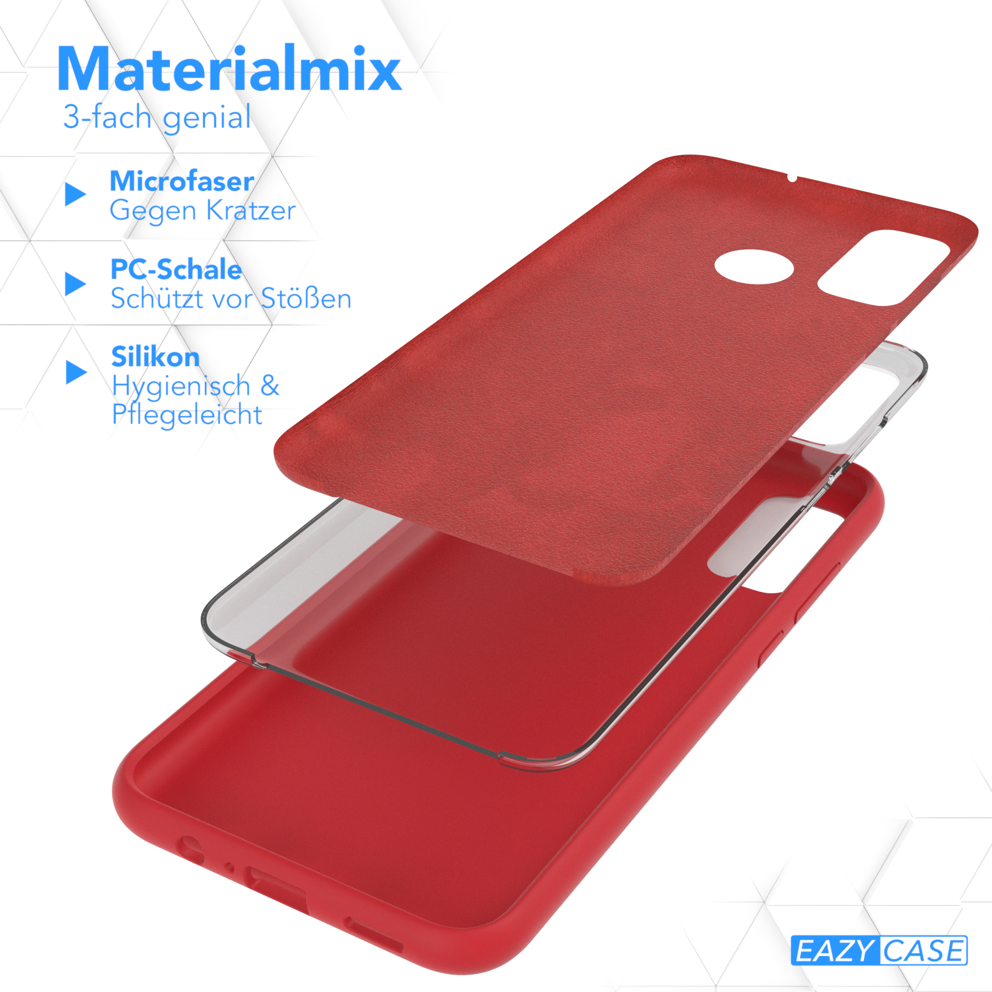 Zerlegte Handyhüllenkomponenten. Text: Materialmix, Microfaser, PC-Schale, Silikon und EAZY CASE.