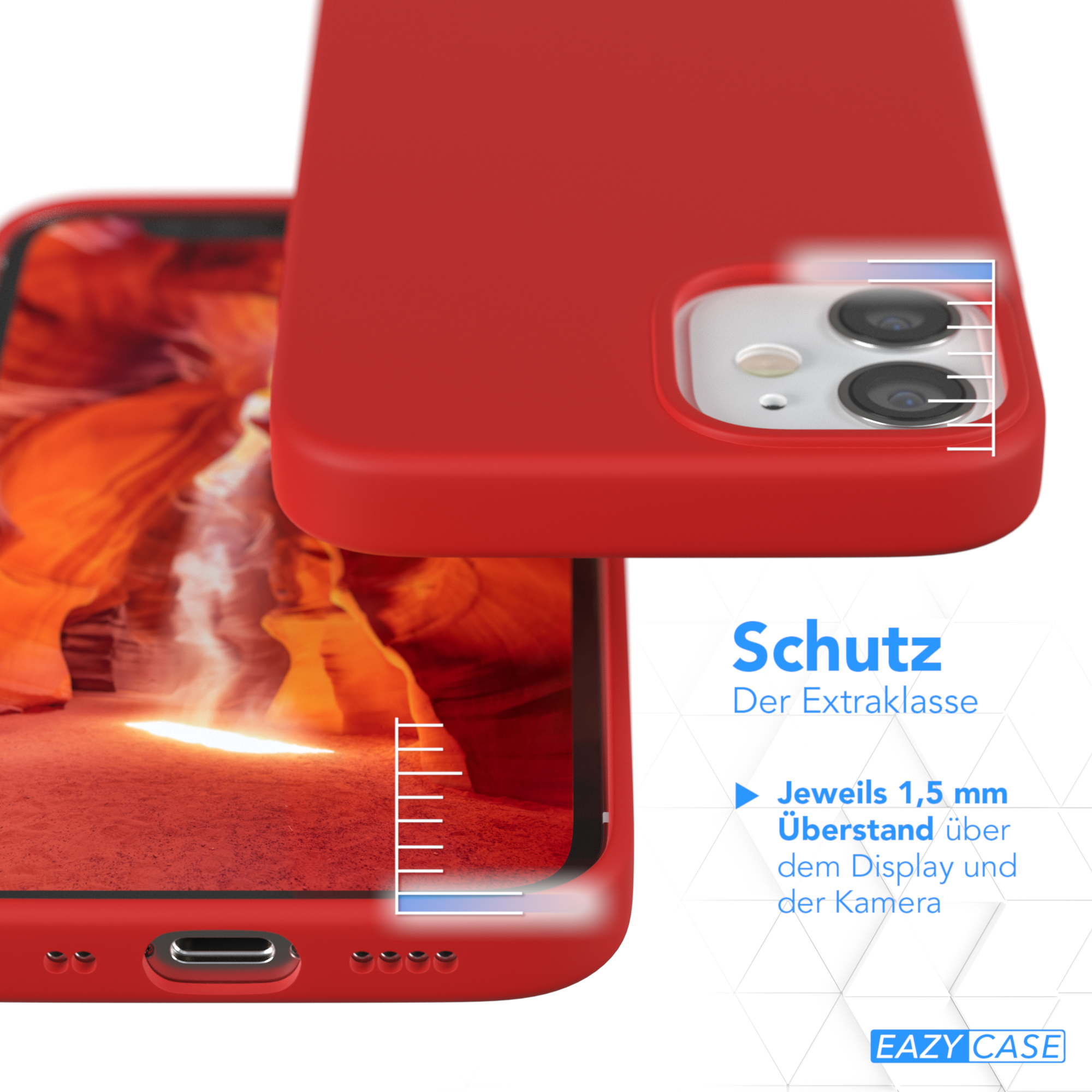 Rote Handyhülle. Telefonbildschirm sichtbar. Text mit Schutzeigenschaften.