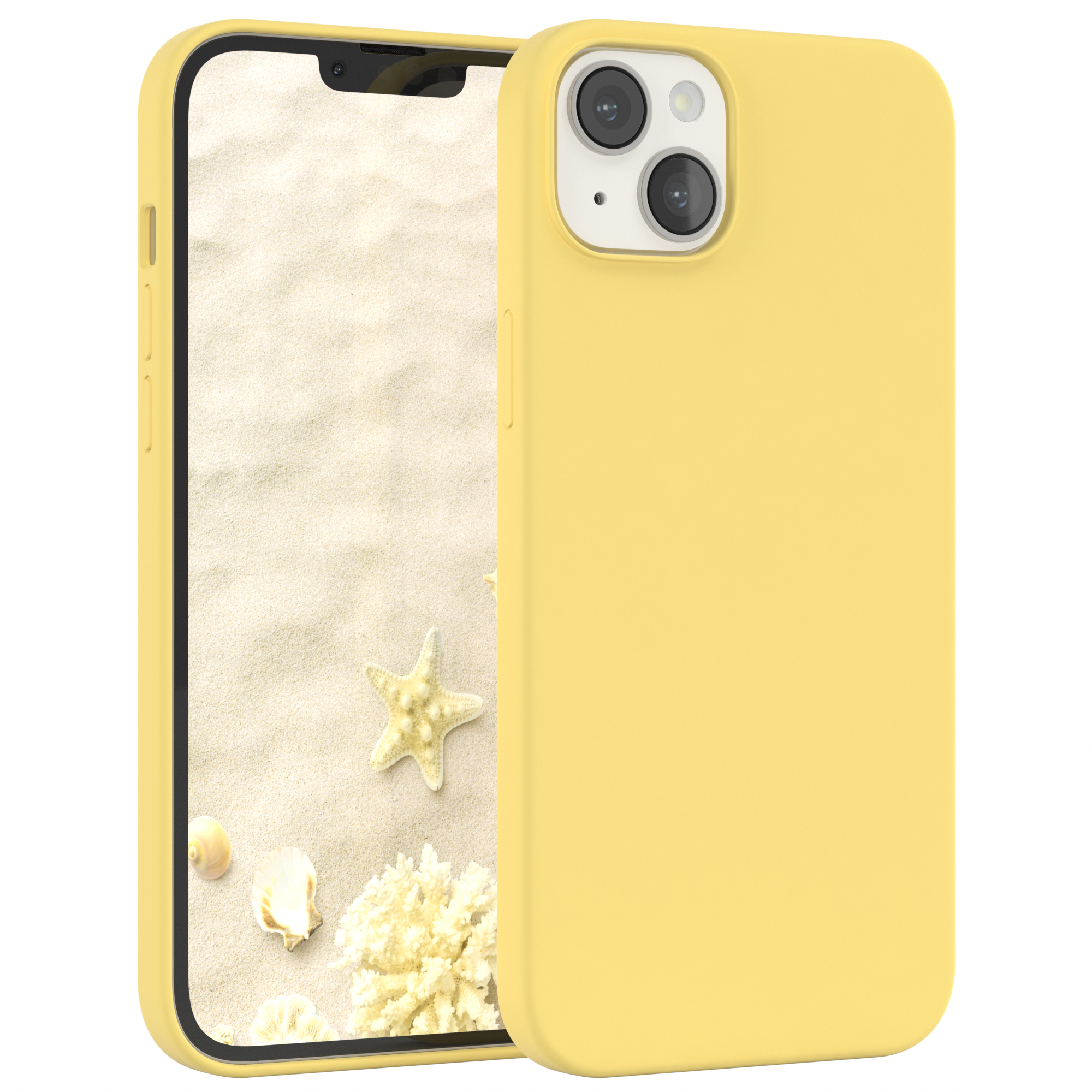 Gelbe Handyhülle neben einem Telefon, das eine Strandszene mit Seesternen und Muscheln zeigt. Die Hülle ist sichtbar.