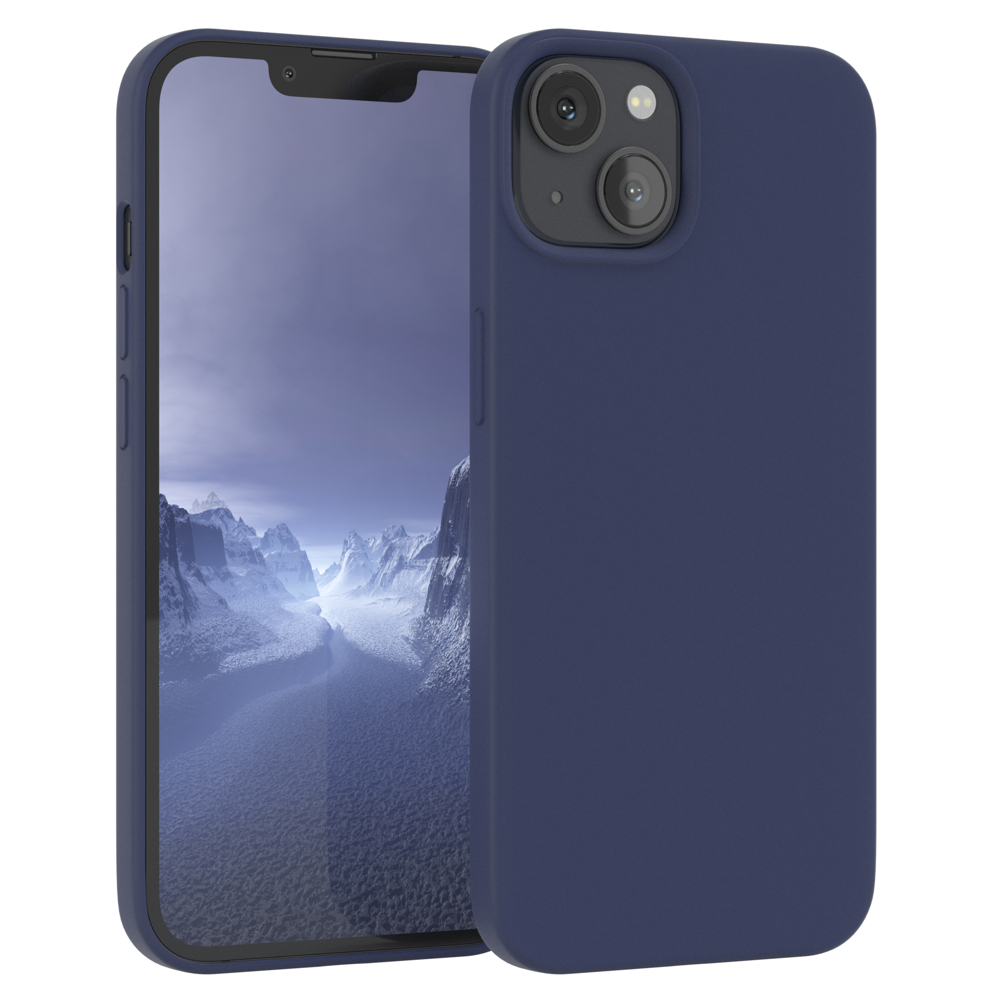 Marineblaues Telefon in Hülle, mit Kameralinsen. Weißer Hintergrund.