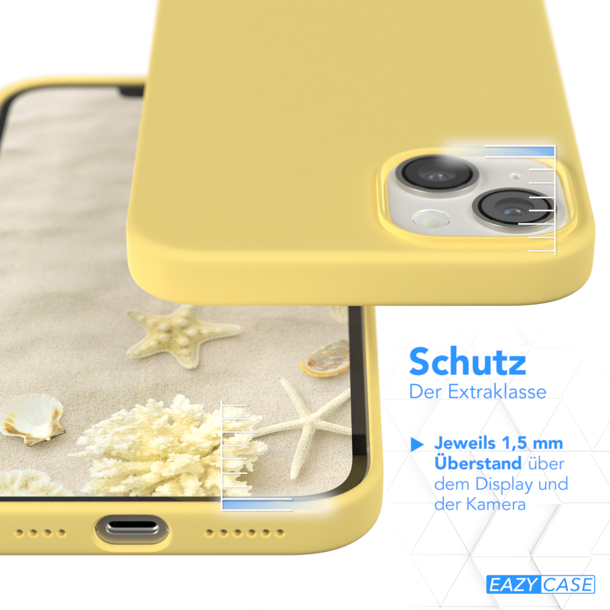 Gelbe Handyhülle mit Schutzschicht. Muscheln auf sandigem Hintergrund sind sichtbar.