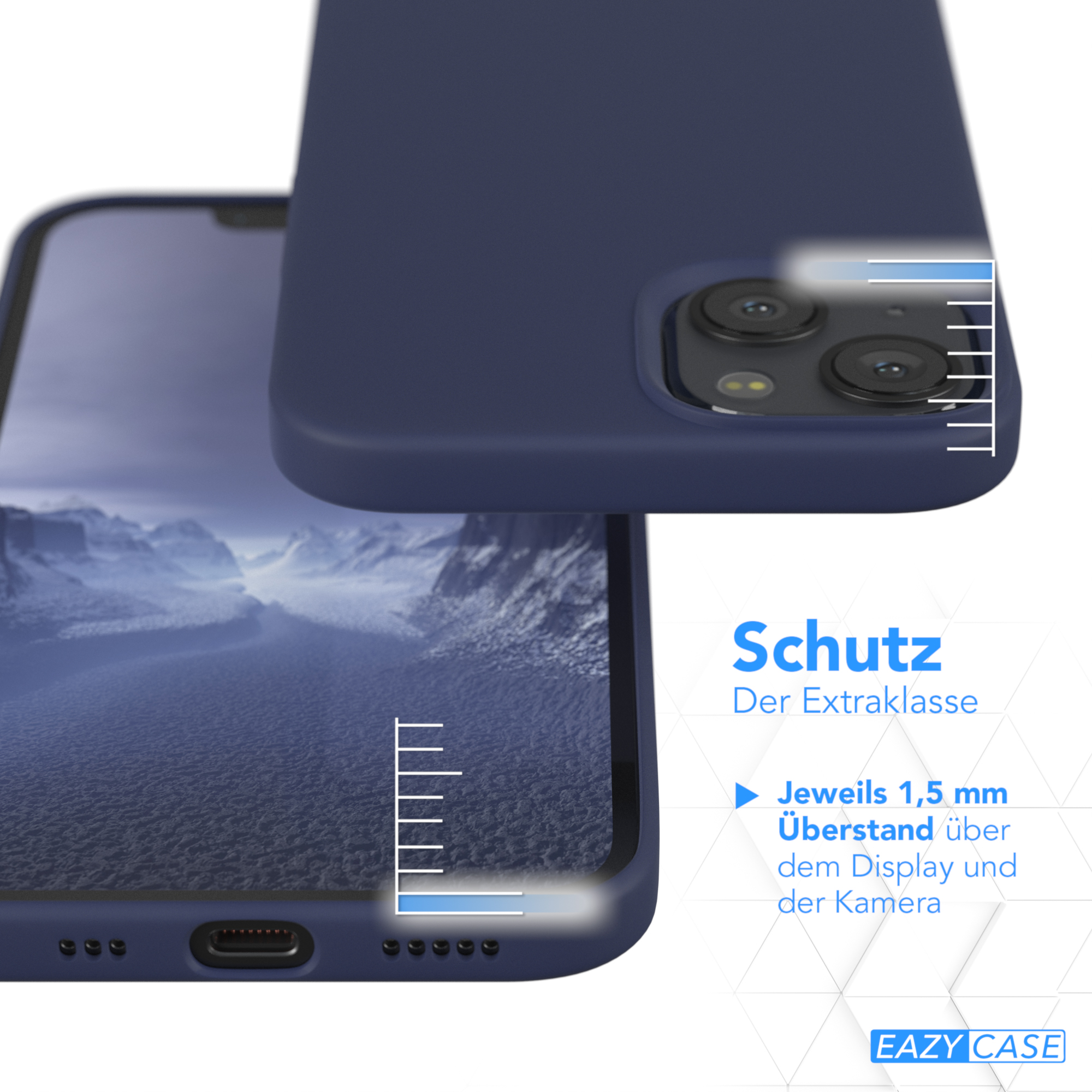 Telefon in marineblauer Hülle. Text: Schutz der Extraklasse. 1,5 mm über Display und Kamera.