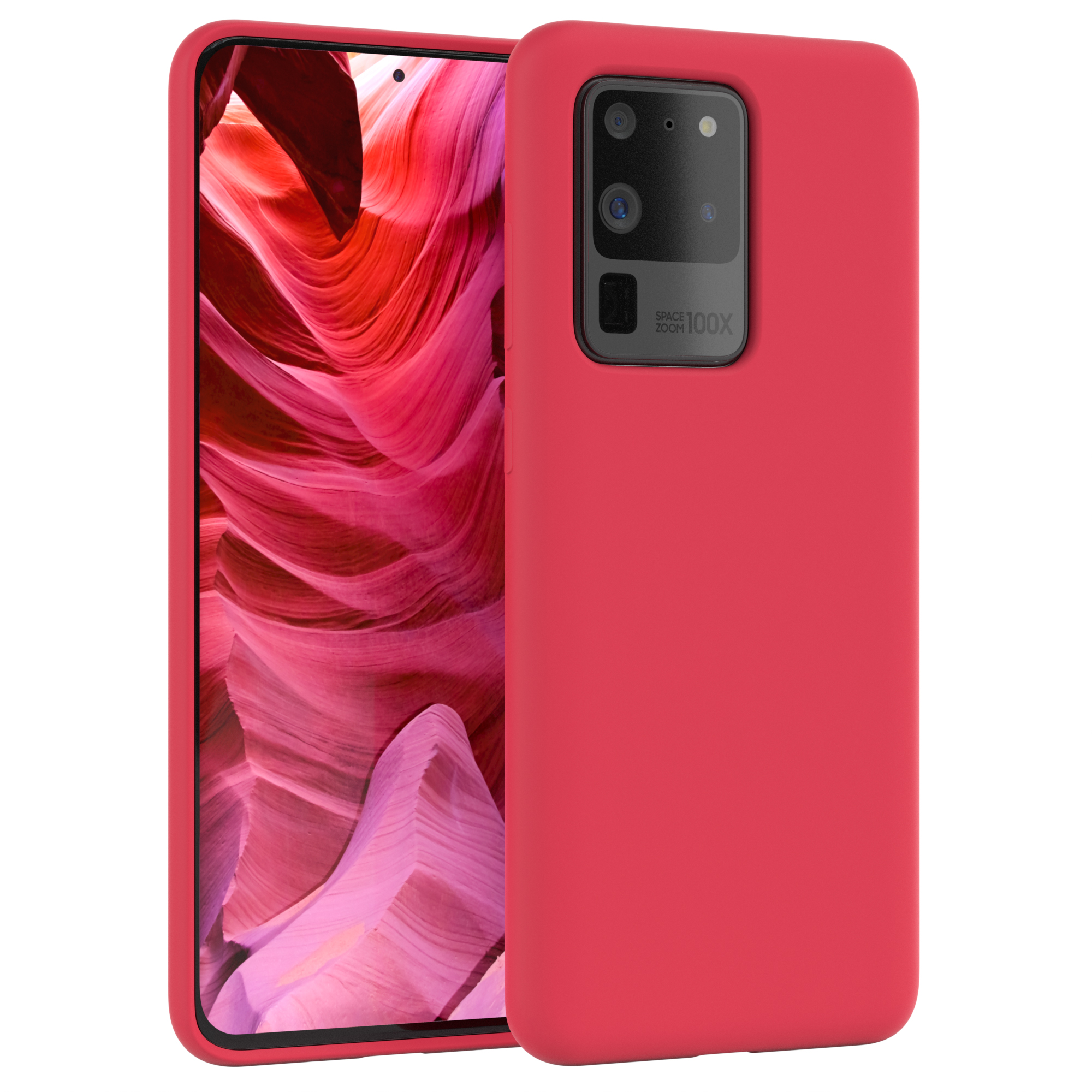Rote Handyhülle auf einem Telefon, das einen roten Felsencanyon zeigt, mit „Space Zoom“ auf der Kamera.