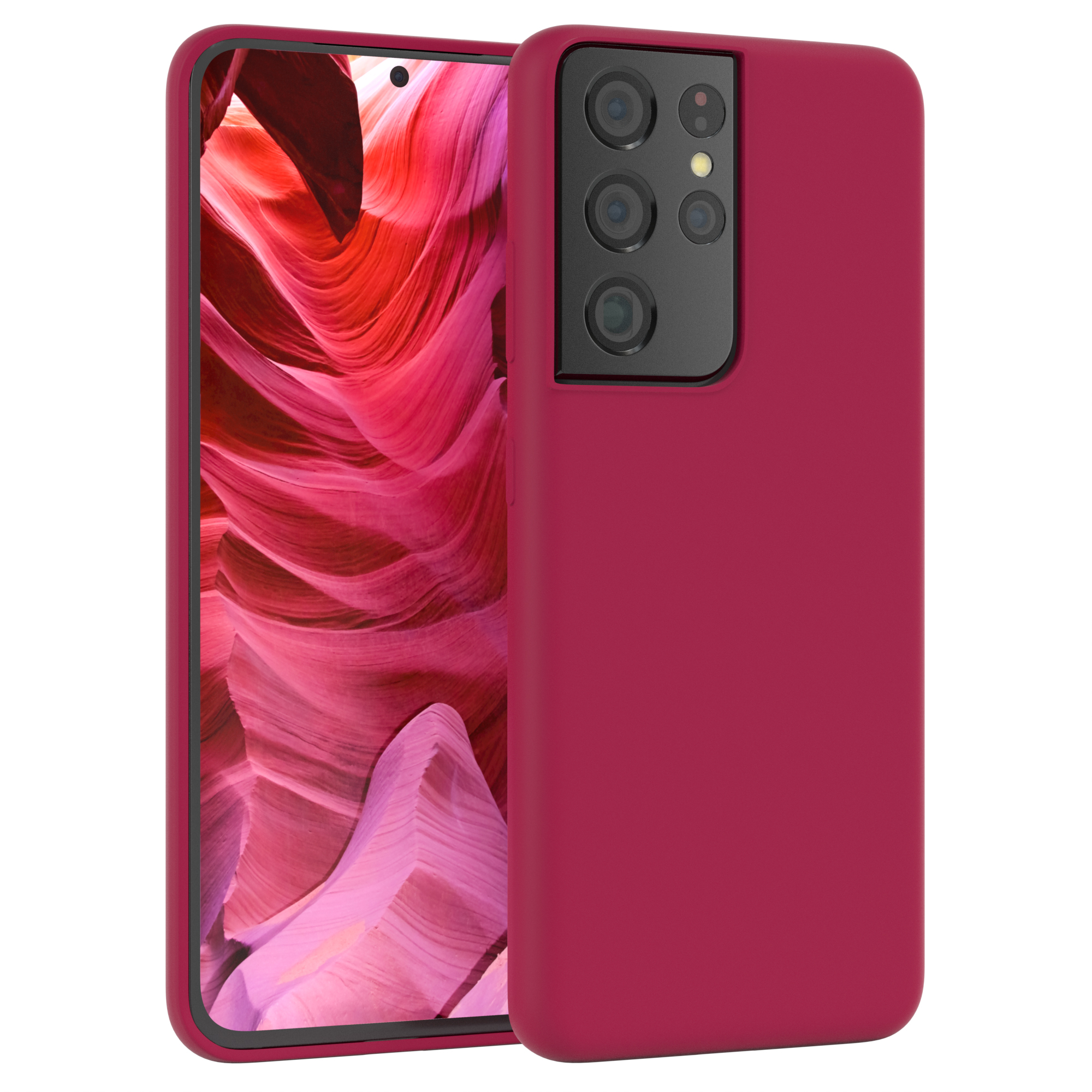 Rote Handyhülle mit einem Telefon, das einen roten Canyon zeigt.