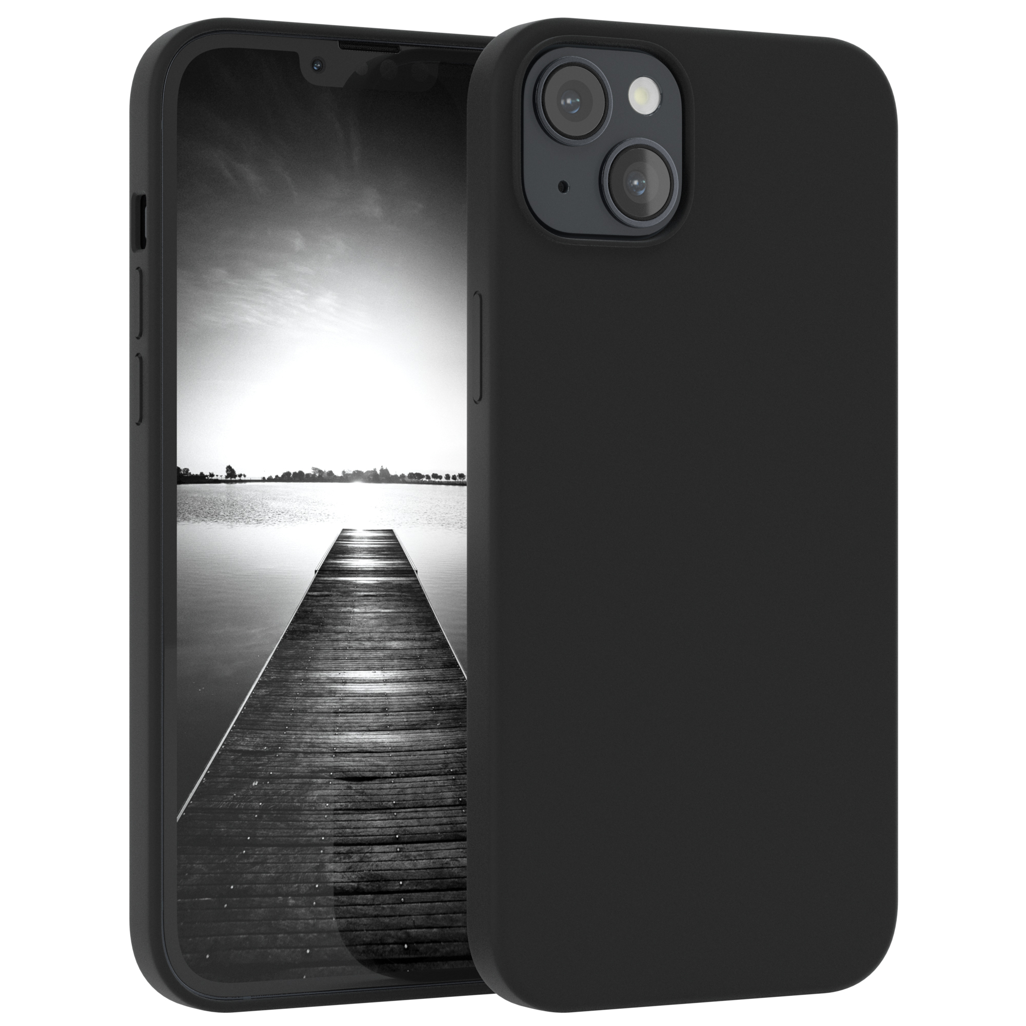 Schwarze Handyhülle, mit Telefon. Dock-Bild auf dem Bildschirm. Schwarze Hülle. Weißer Hintergrund.