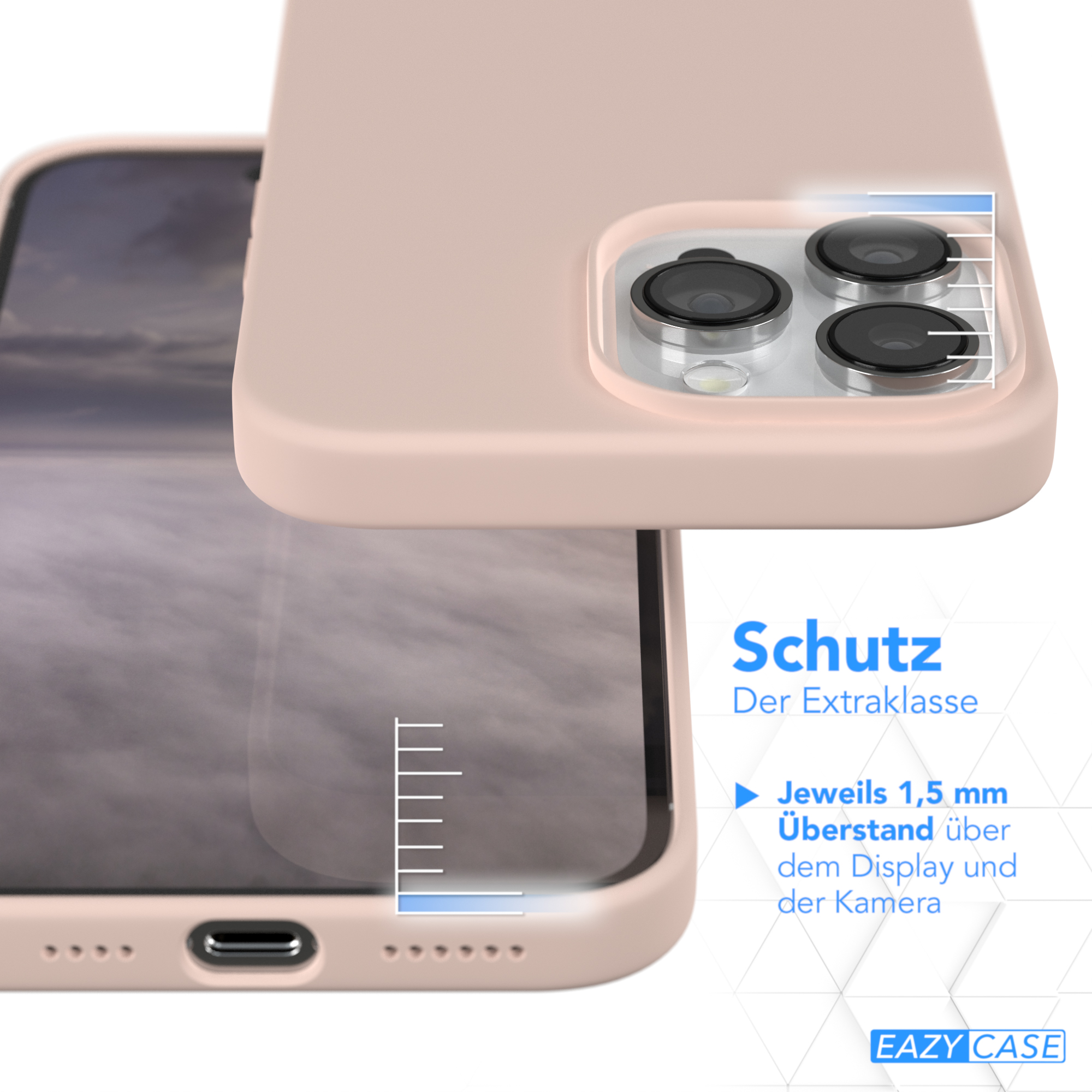 Eine rosafarbene Handyhülle und ein Telefon, die Hülle befindet sich über dem Telefon. Es gibt eine Schutzbeschreibung.