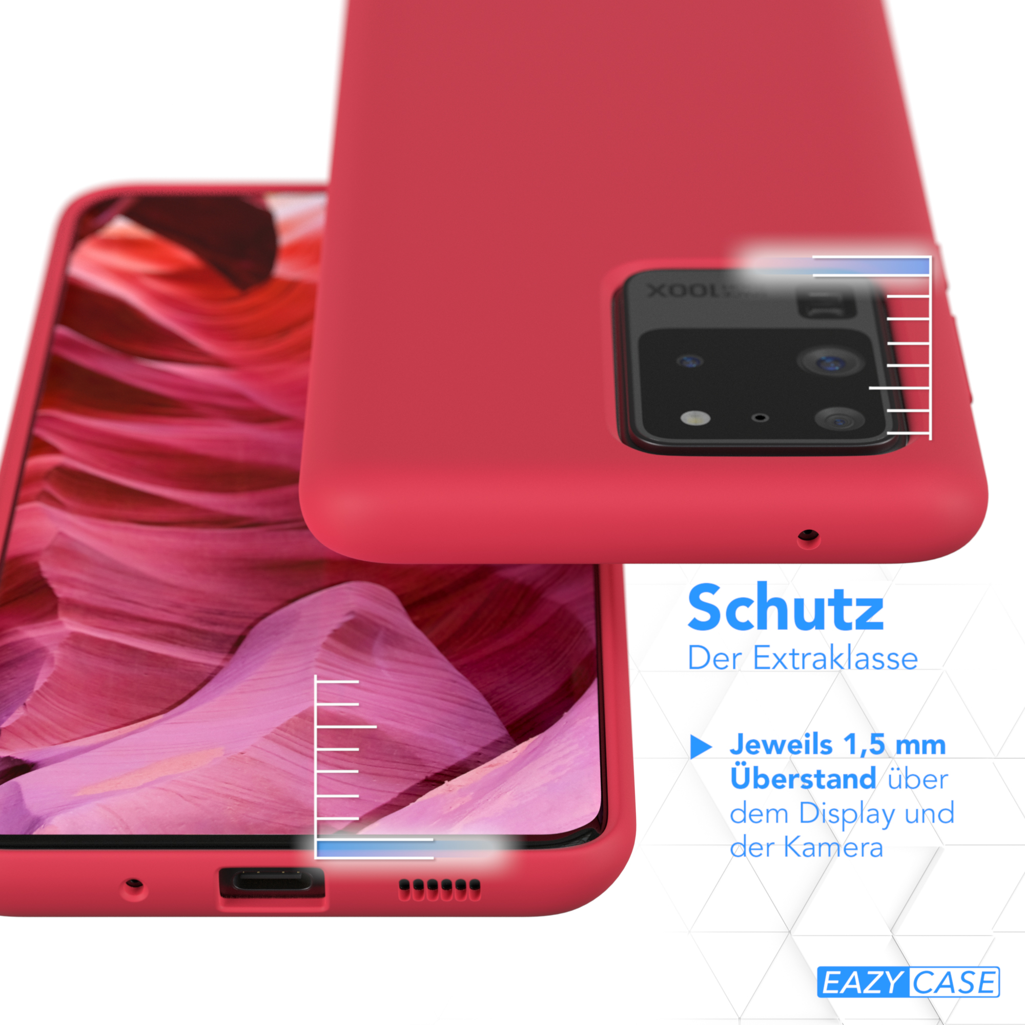 Rote Handyhülle mit Telefon darin. Text: Schutz. Jewels 1,5 mm über Display und Kamera.