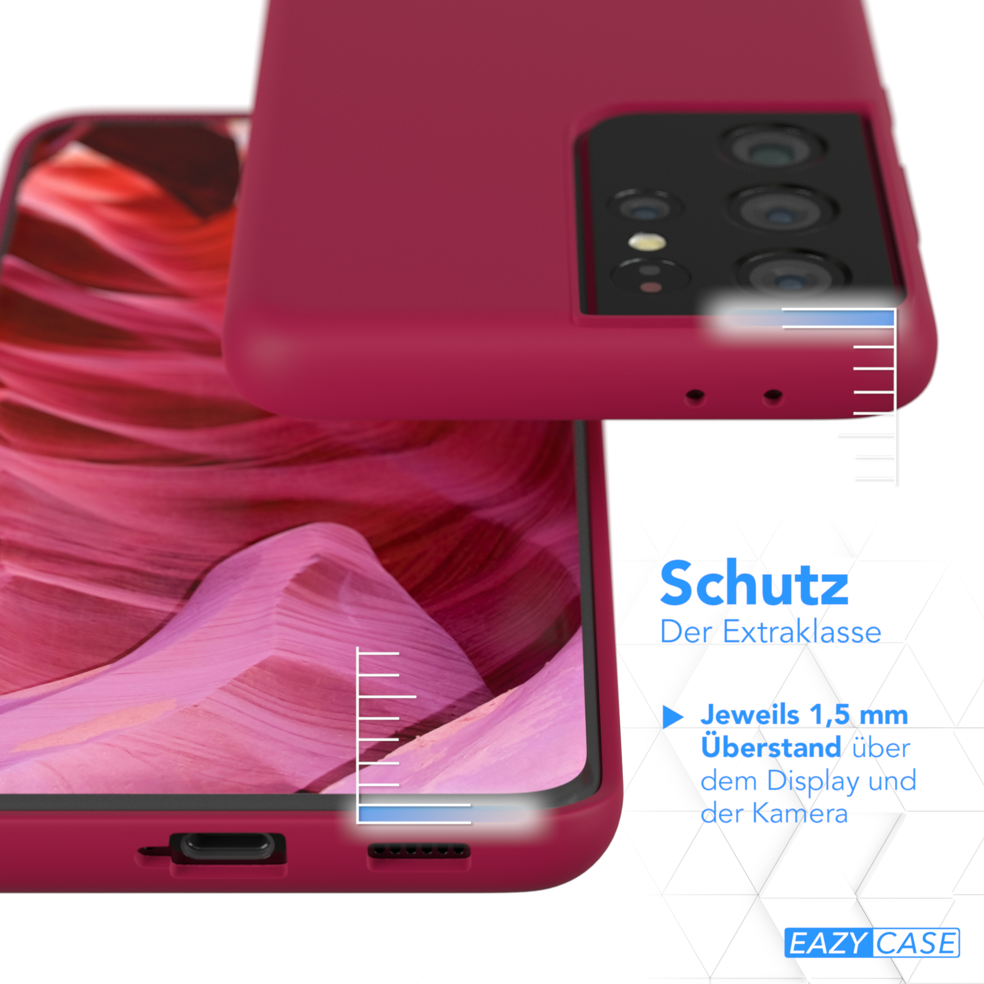 Rote Handyhülle über einem Telefonbildschirm, die Handyhülle schützt das Telefon.