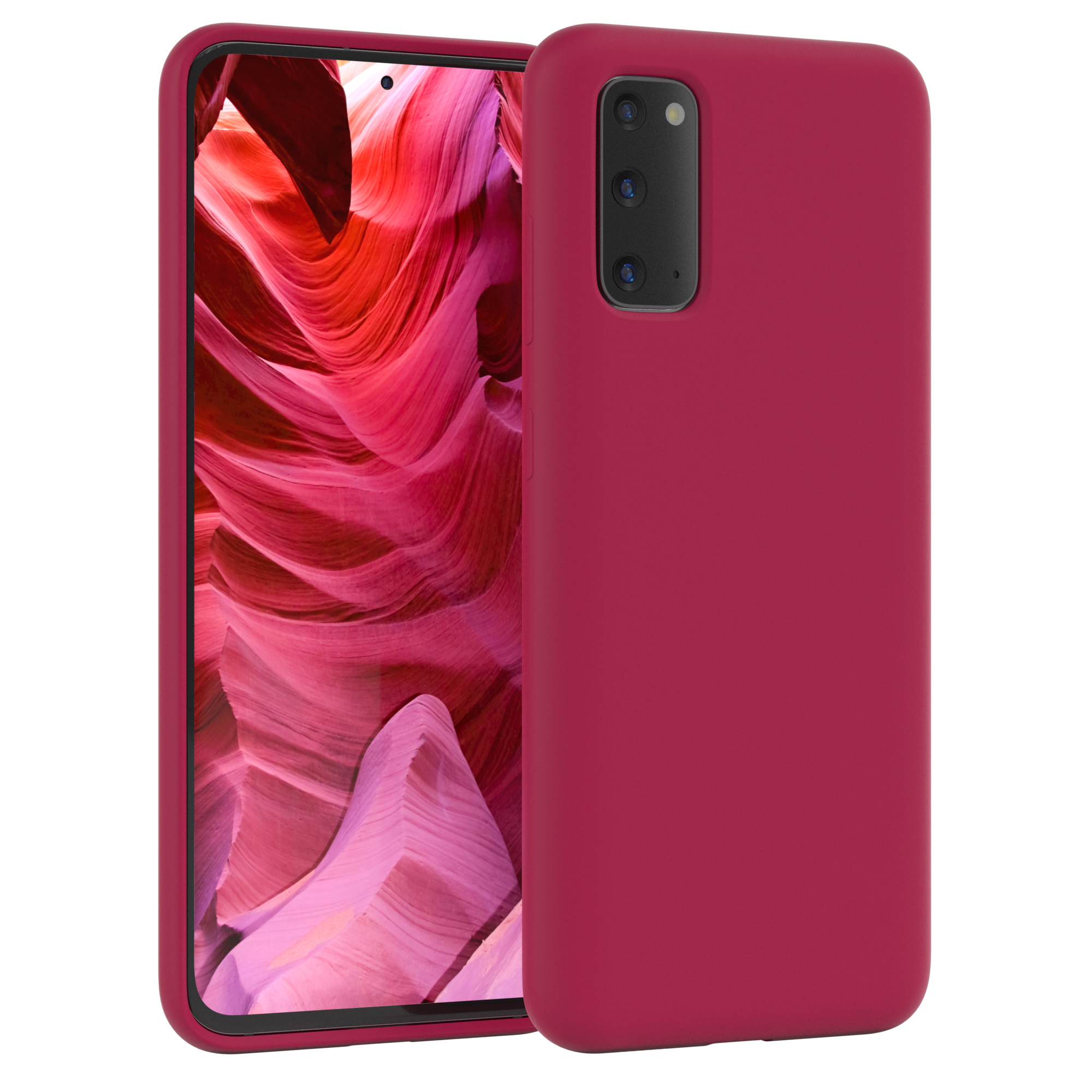 Rote Handyhülle mit einem Telefon. Das Telefon hat drei Kameras auf der Rückseite.