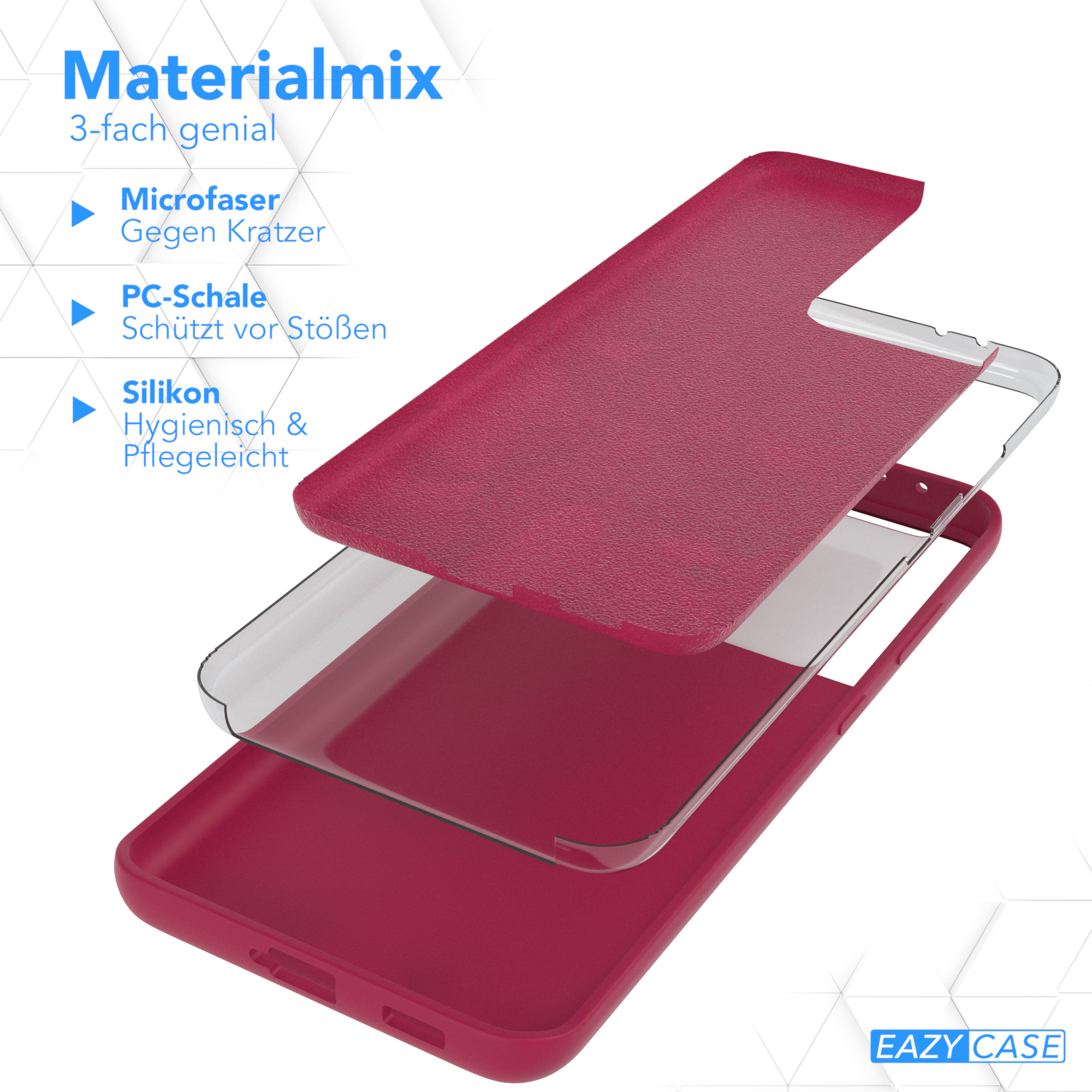 Rote und pinkfarbene Handyhülle mit Schichten. Text auf Deutsch. Weißer Hintergrund.