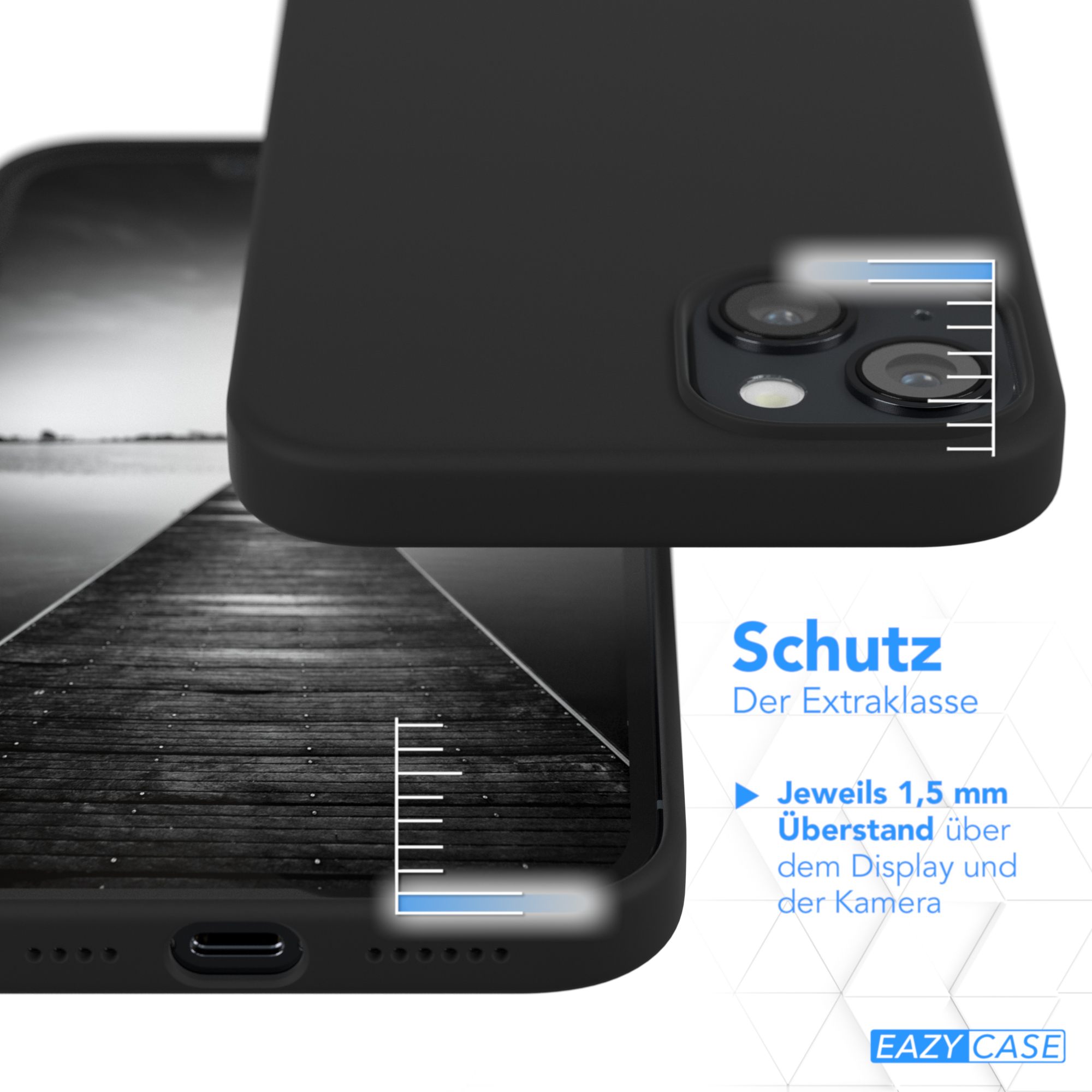 Schwarze Handyhülle auf einem Telefon, Hervorhebung des Kamera- und Displayschutzes. Hintergrund ist ein Holzsteg.