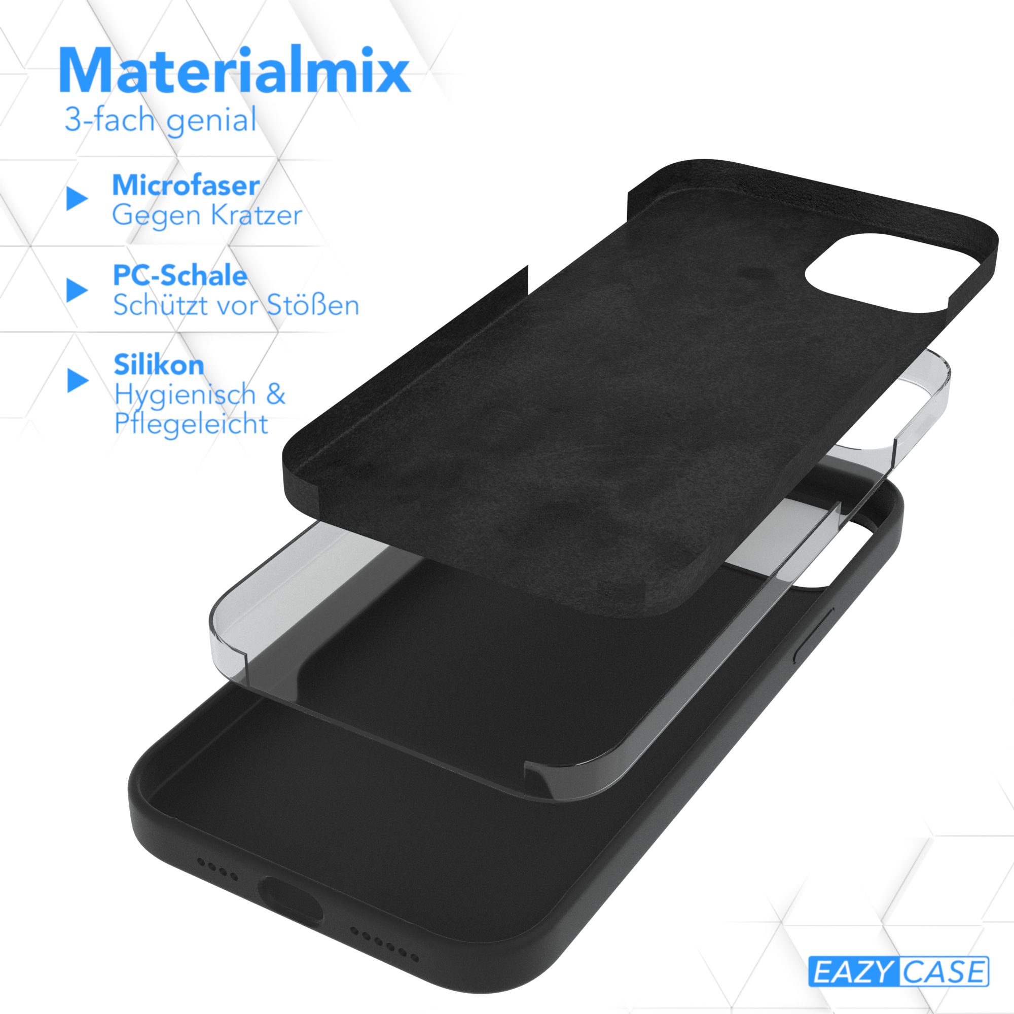 Drei Schichten Handyhüllenmaterial, Mikrofaser, PC und Silikon.