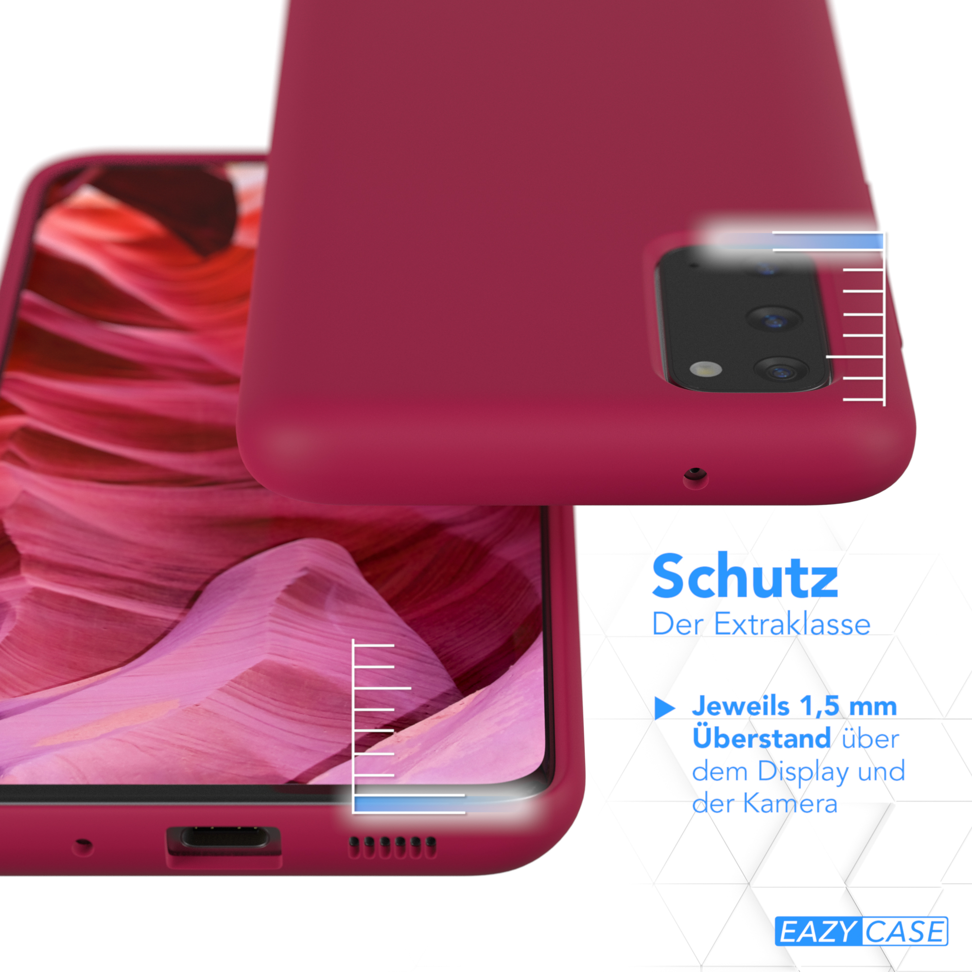 Eine Handyhülle mit roter Hülle. Die Hülle hat einen goldenen Verschluss. Das Telefon ist rot. Nahaufnahme der Hülle.