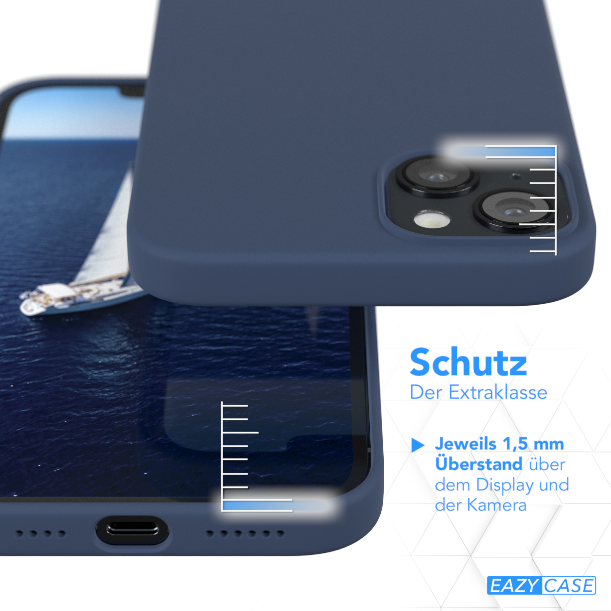 Nahaufnahme einer marineblauen Handyhülle. Der Text lautet: 'Schutz der Extraklasse'.