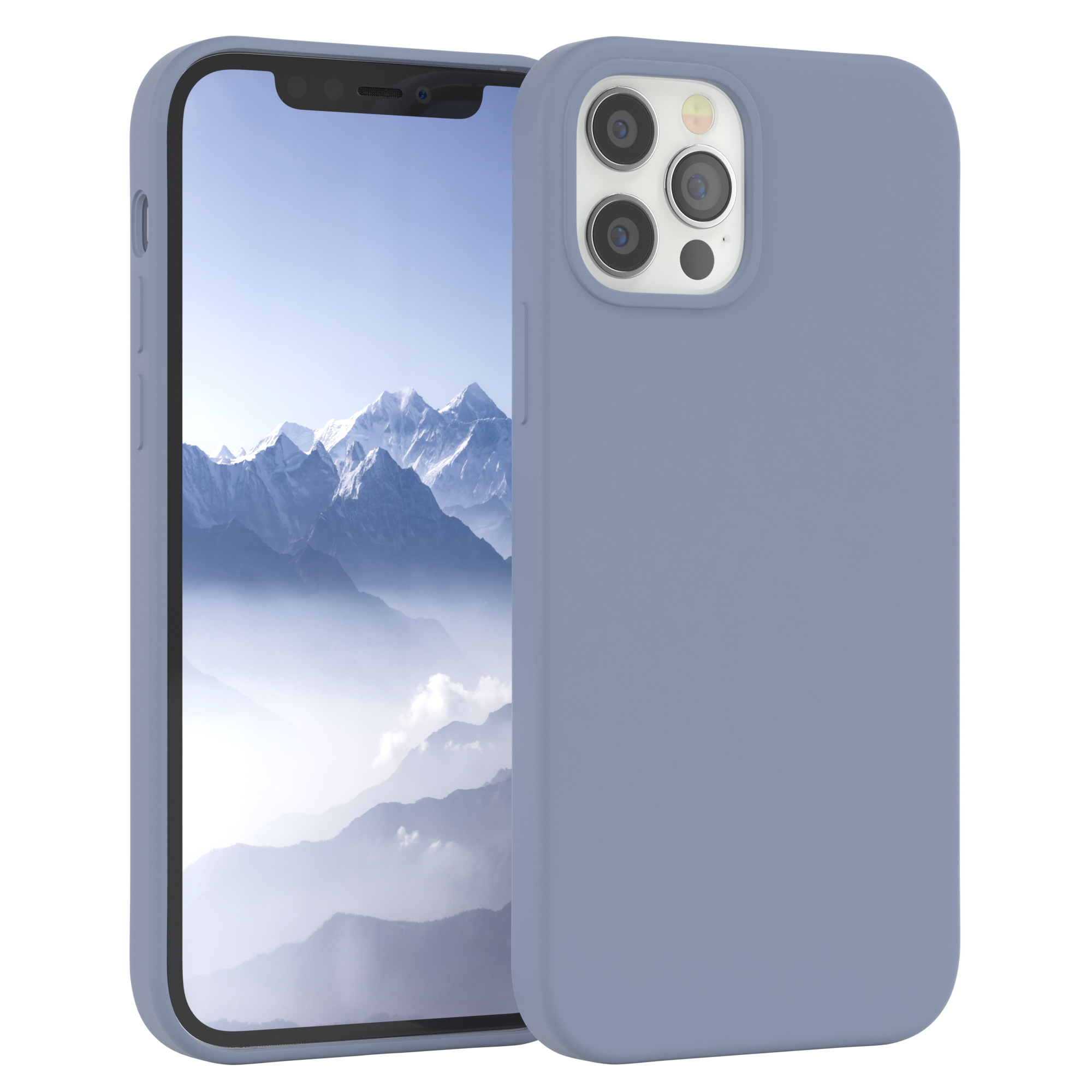 Blaue Handyhülle auf einem Handy mit einem Berg. Der Hintergrund ist weiß.