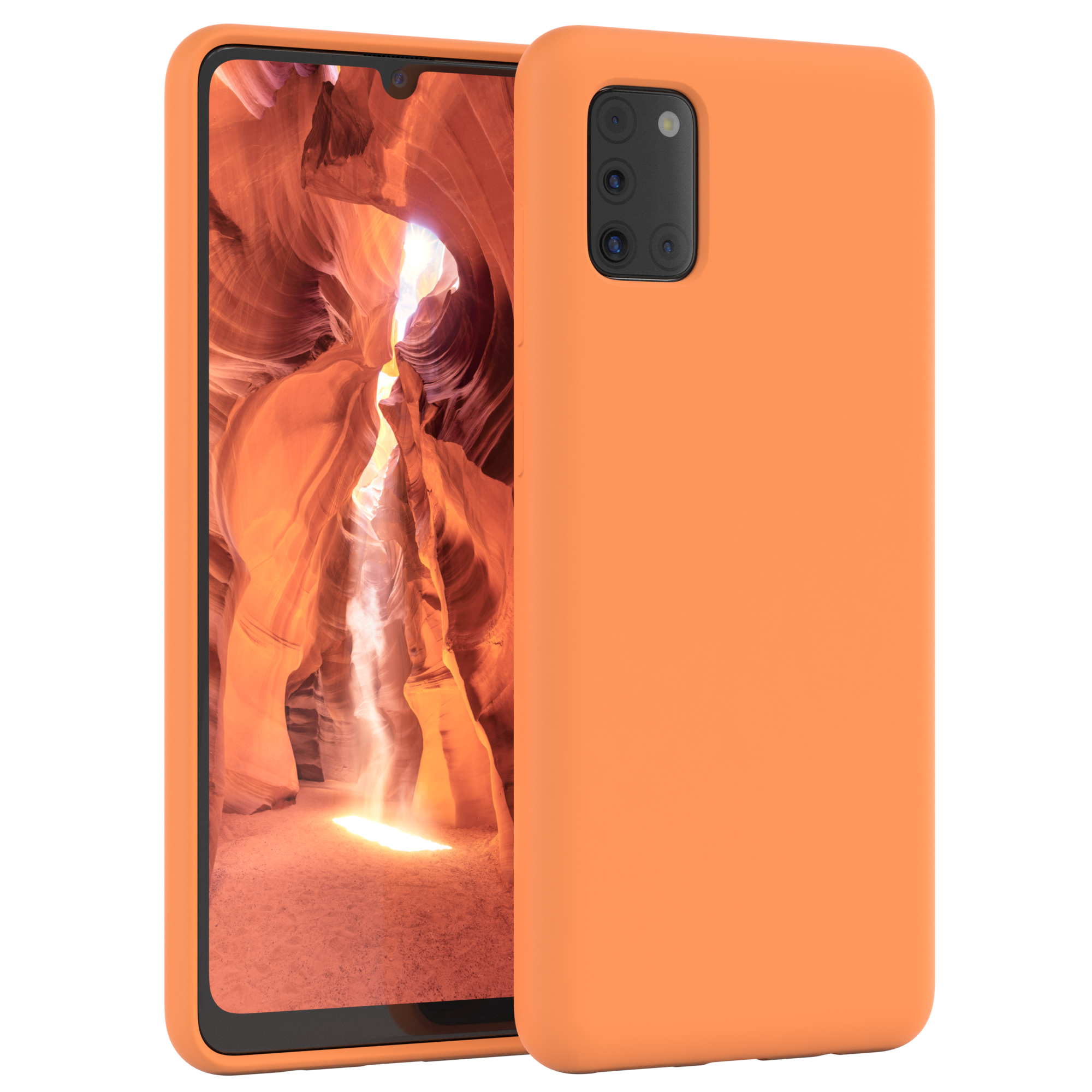 Orange Handyhülle mit einem Telefon, das eine Landschaft eines orangefarbenen Canyons zeigt.