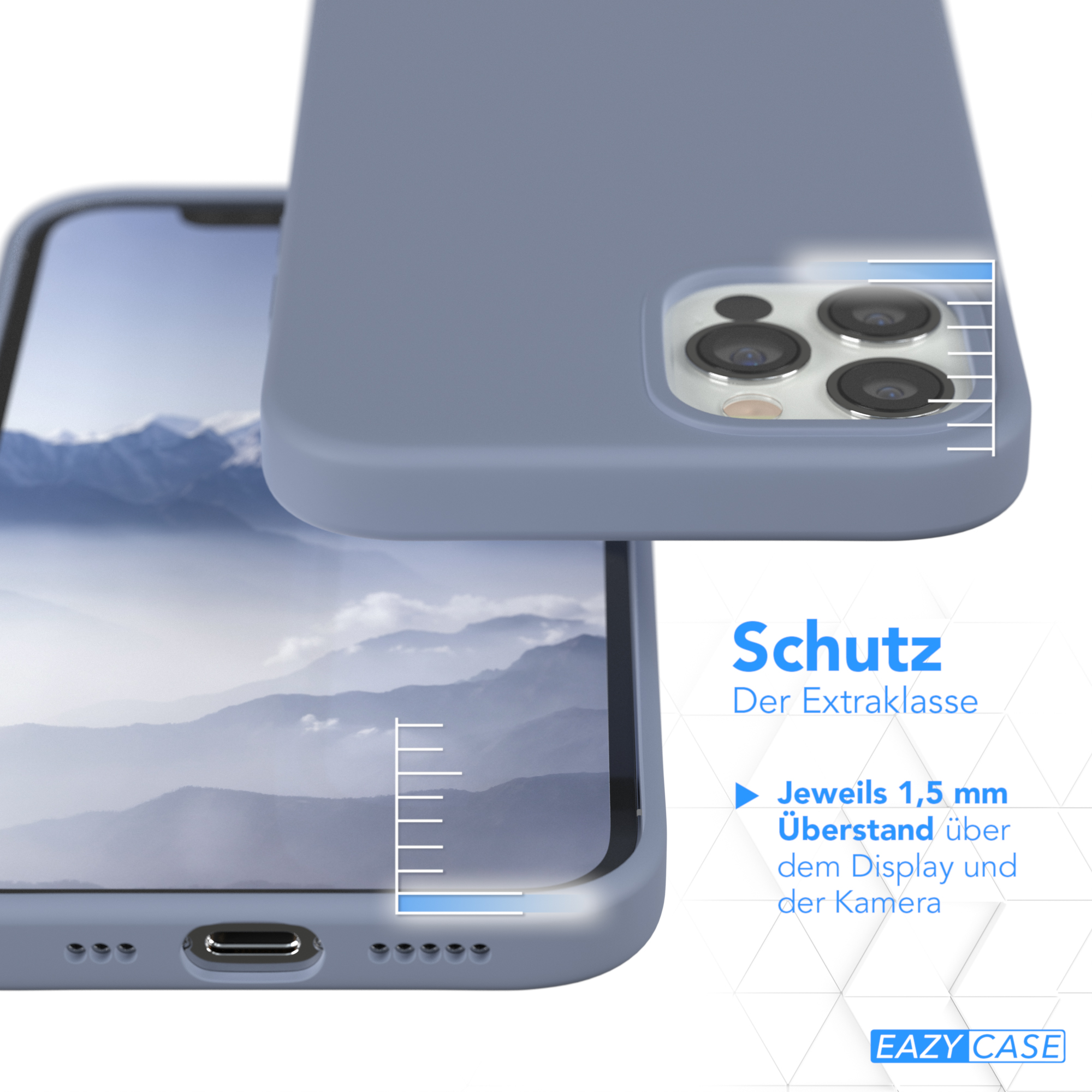 Eine blaue Handyhülle auf einem Telefon, mit Text über Schutz und zusätzlichem Schutz auf weißem Hintergrund.