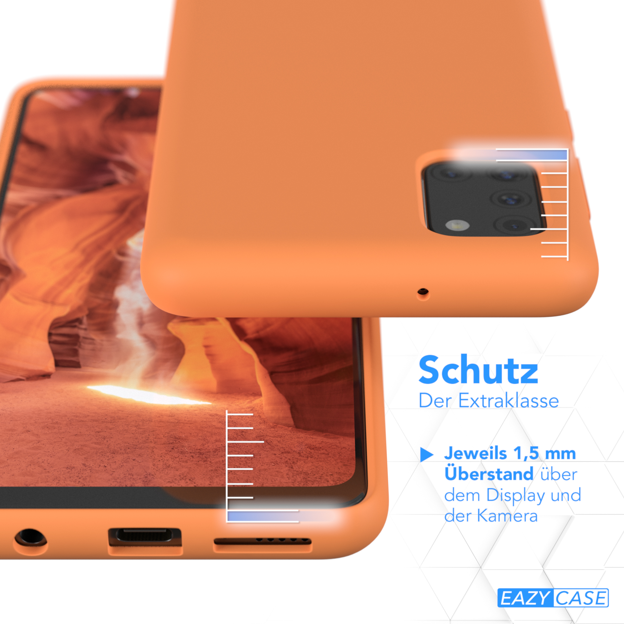 Orangefarbene Handyhülle. Das Bild zeigt den Schutz über Bildschirm und Kamera.