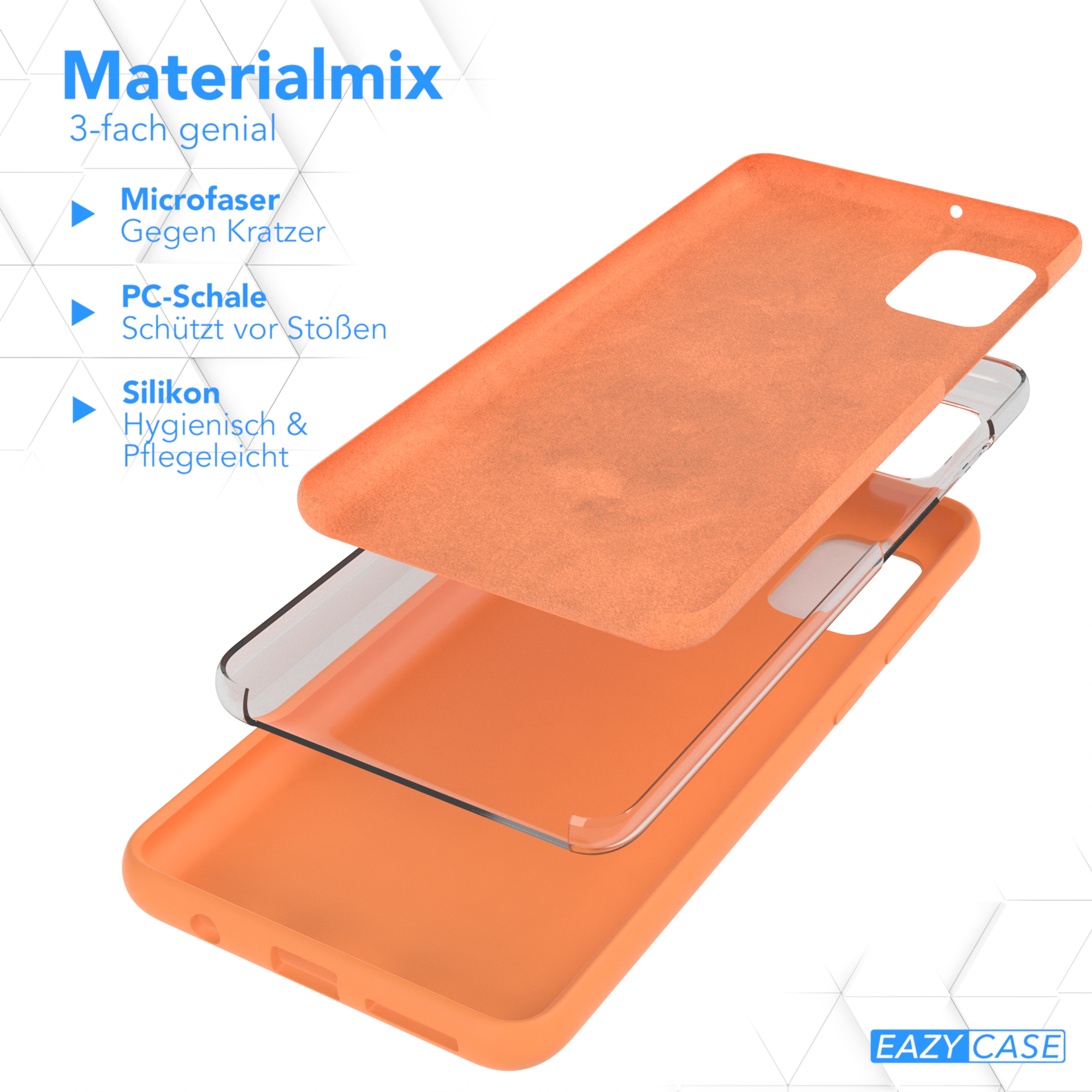 Eine orangefarbene Handyhülle mit Schichten. Die Schichten umfassen Mikrofaser, PC-Schale und Silikon.