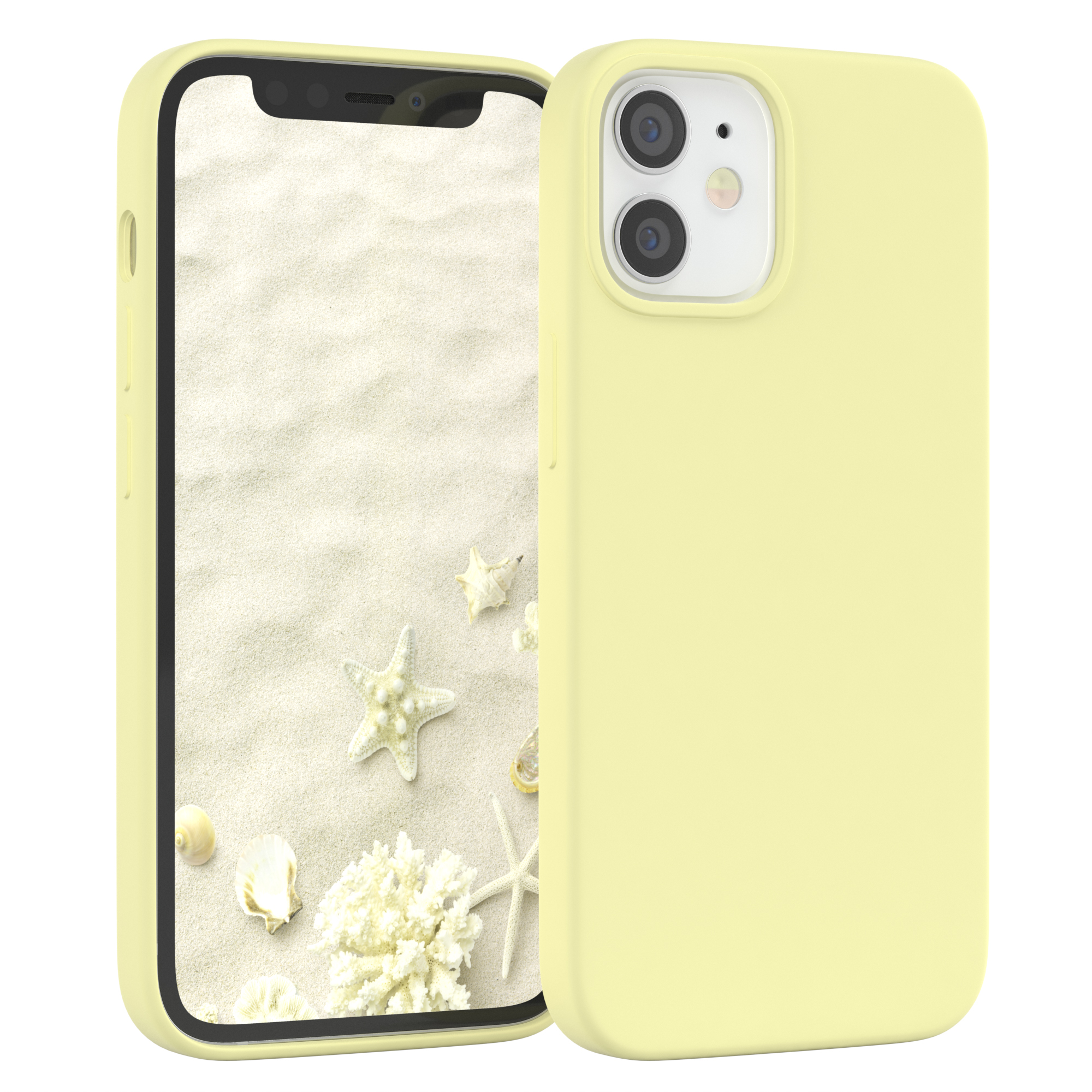 Gelbe Handyhülle. Telefon zeigt eine Strandszene mit Muscheln und Seesternen.