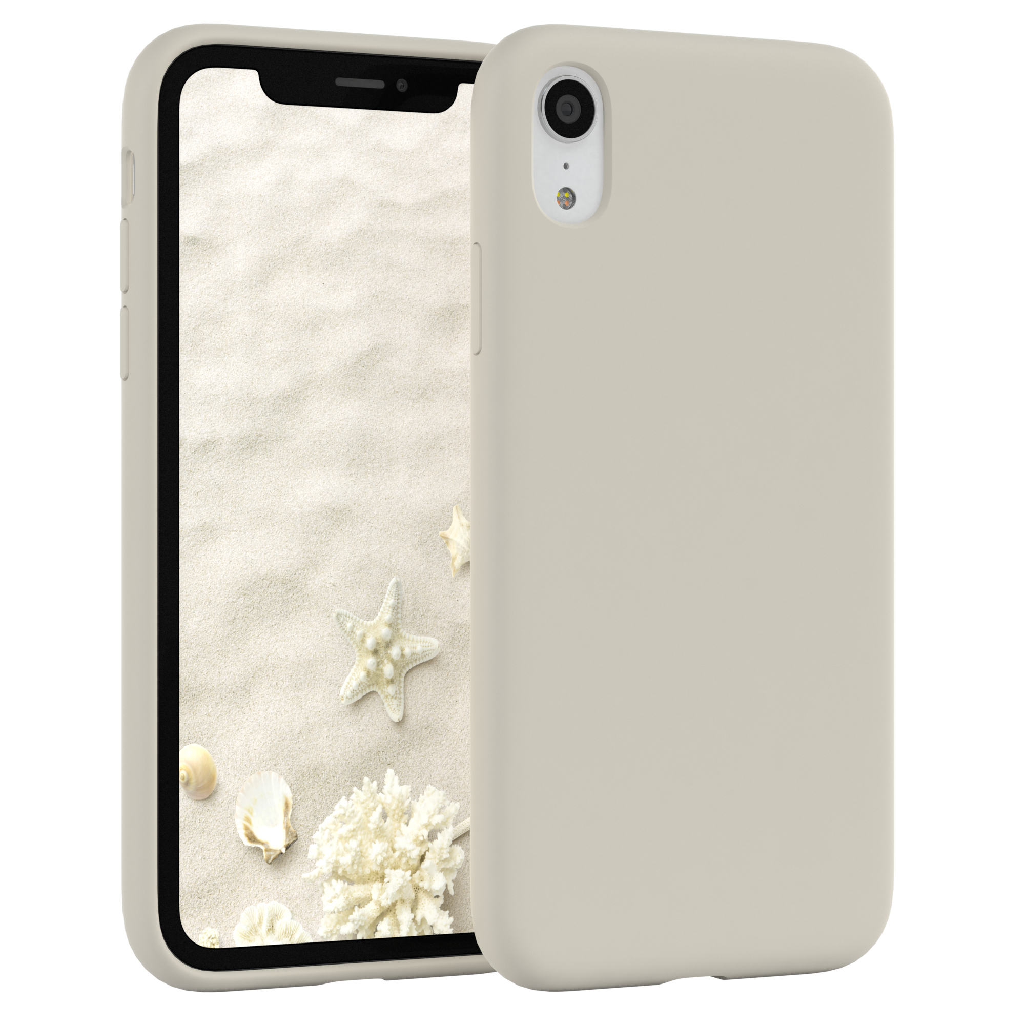 Beiges Telefon mit beiger Hülle. Der Bildschirm zeigt eine Strandszene mit Muscheln und Seesternen. Hintergrund ist Sand.