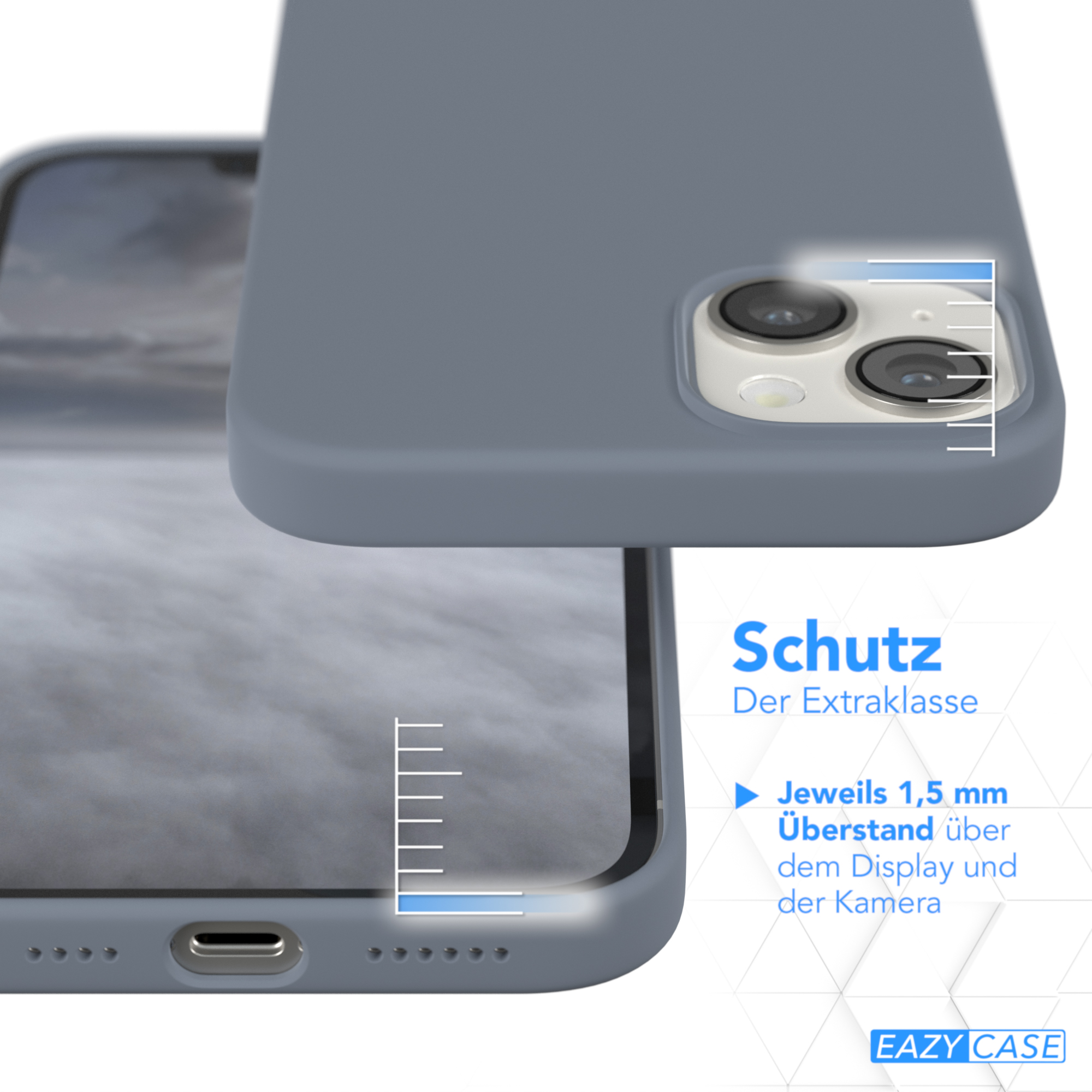 Handyhülle mit einem Telefon. Text erwähnt Schutzfunktionen. Die Hülle ist grau.