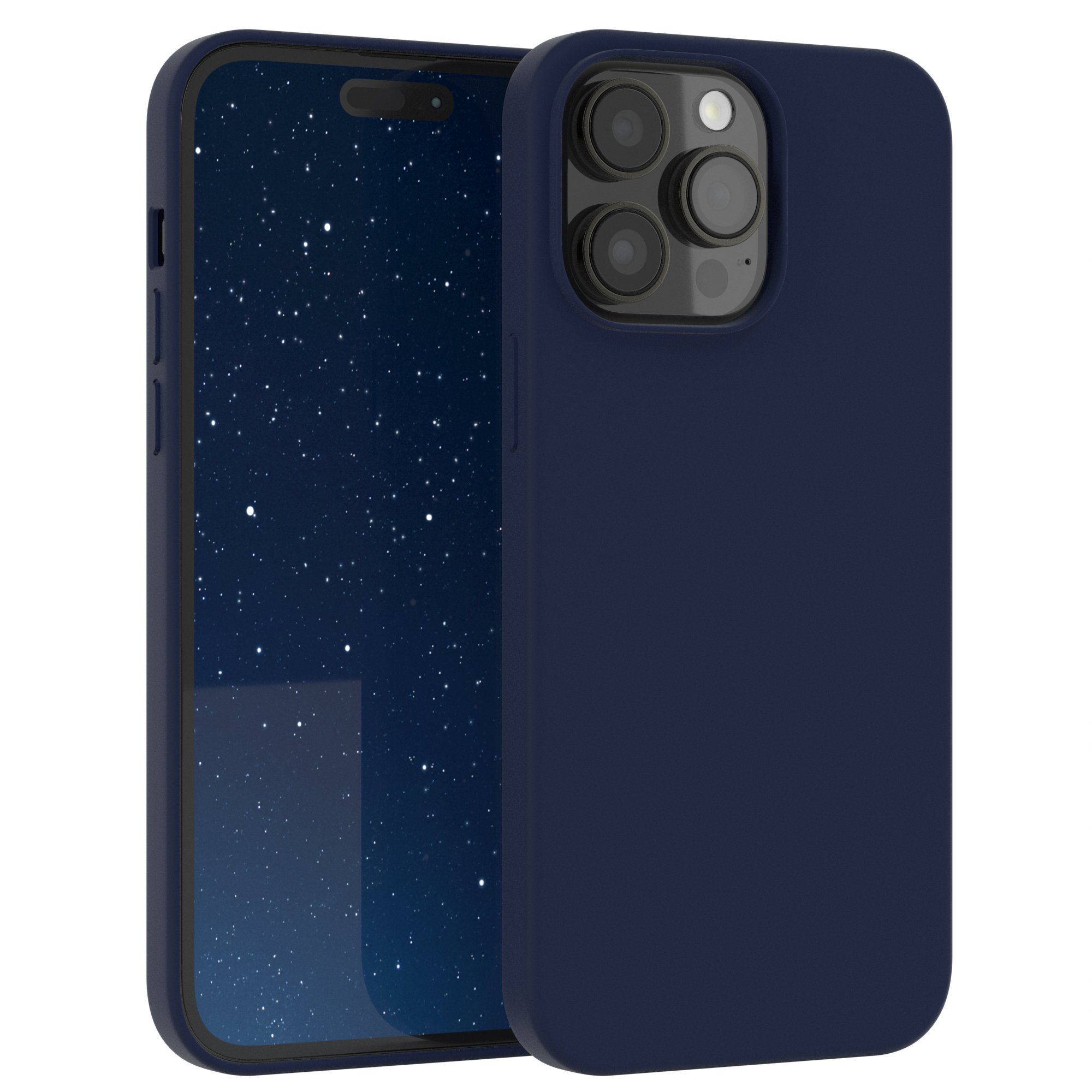 Marineblaue Handyhülle auf einem Handy mit Sternennacht-Bild auf dem Bildschirm.