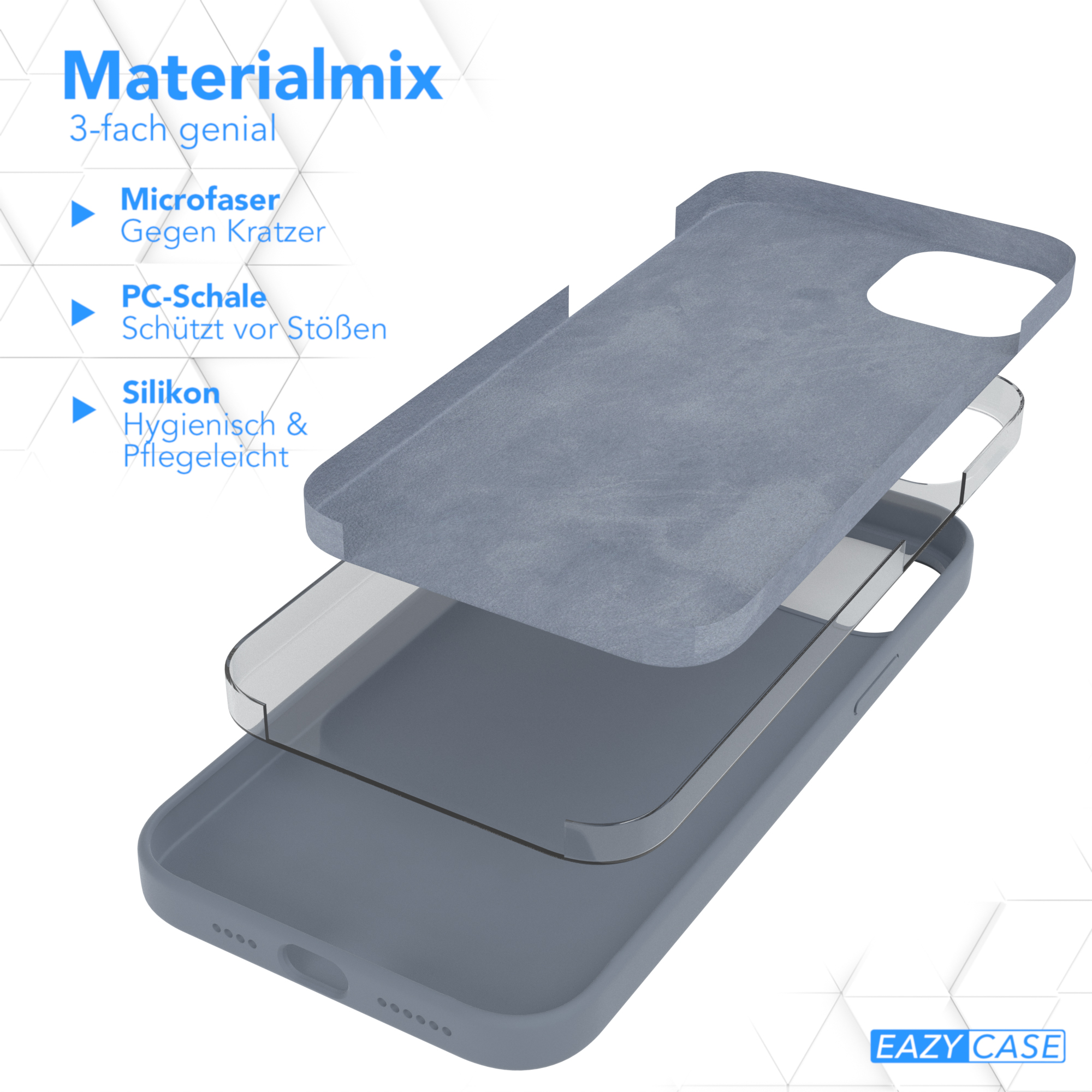 Graue Handyhülle mit Materialschichten: Mikrofaser, PC-Schale und Silikon. Text zu jedem Material.