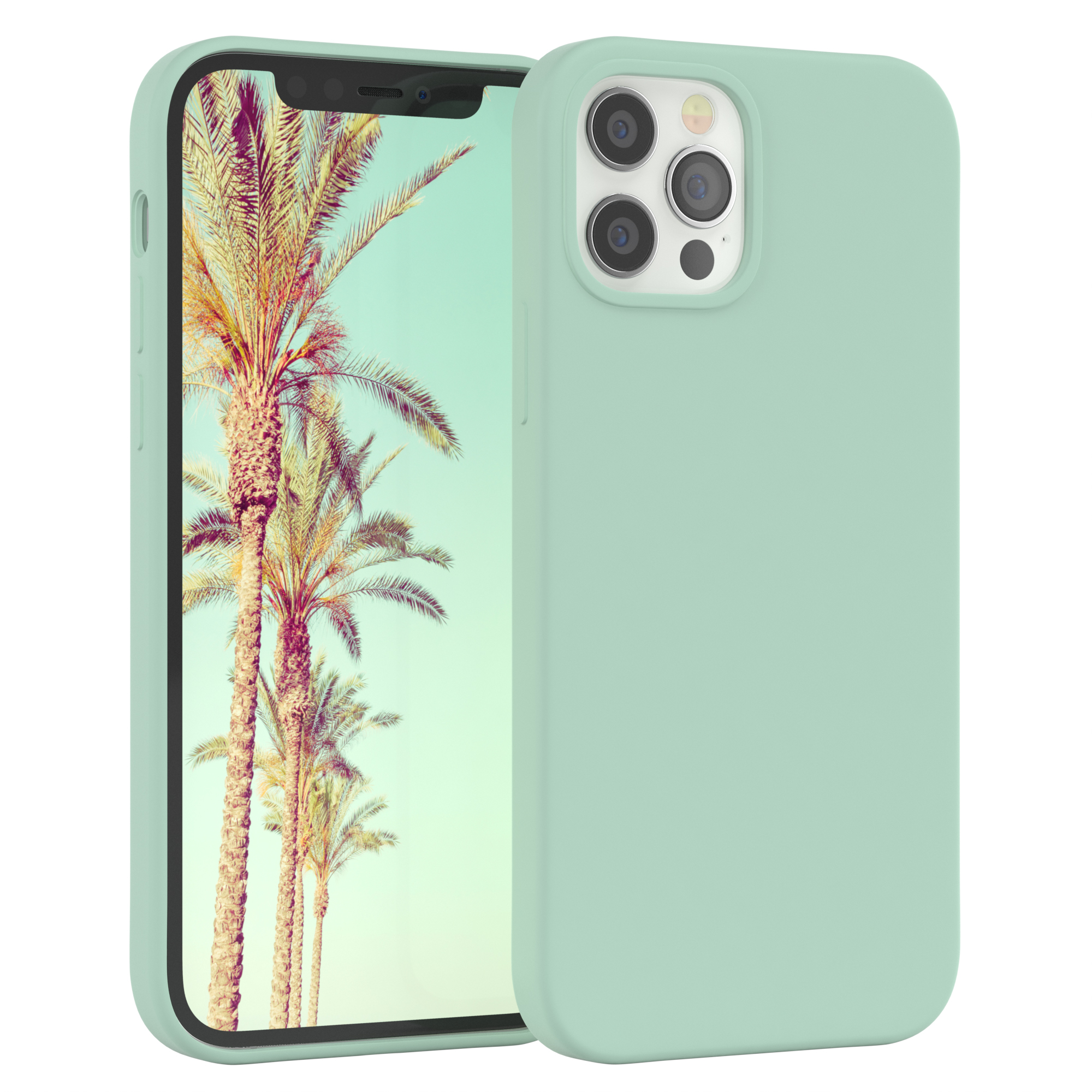 Mintgrüne Handyhülle mit einem Telefon, das einen Strand mit Palmen zeigt.