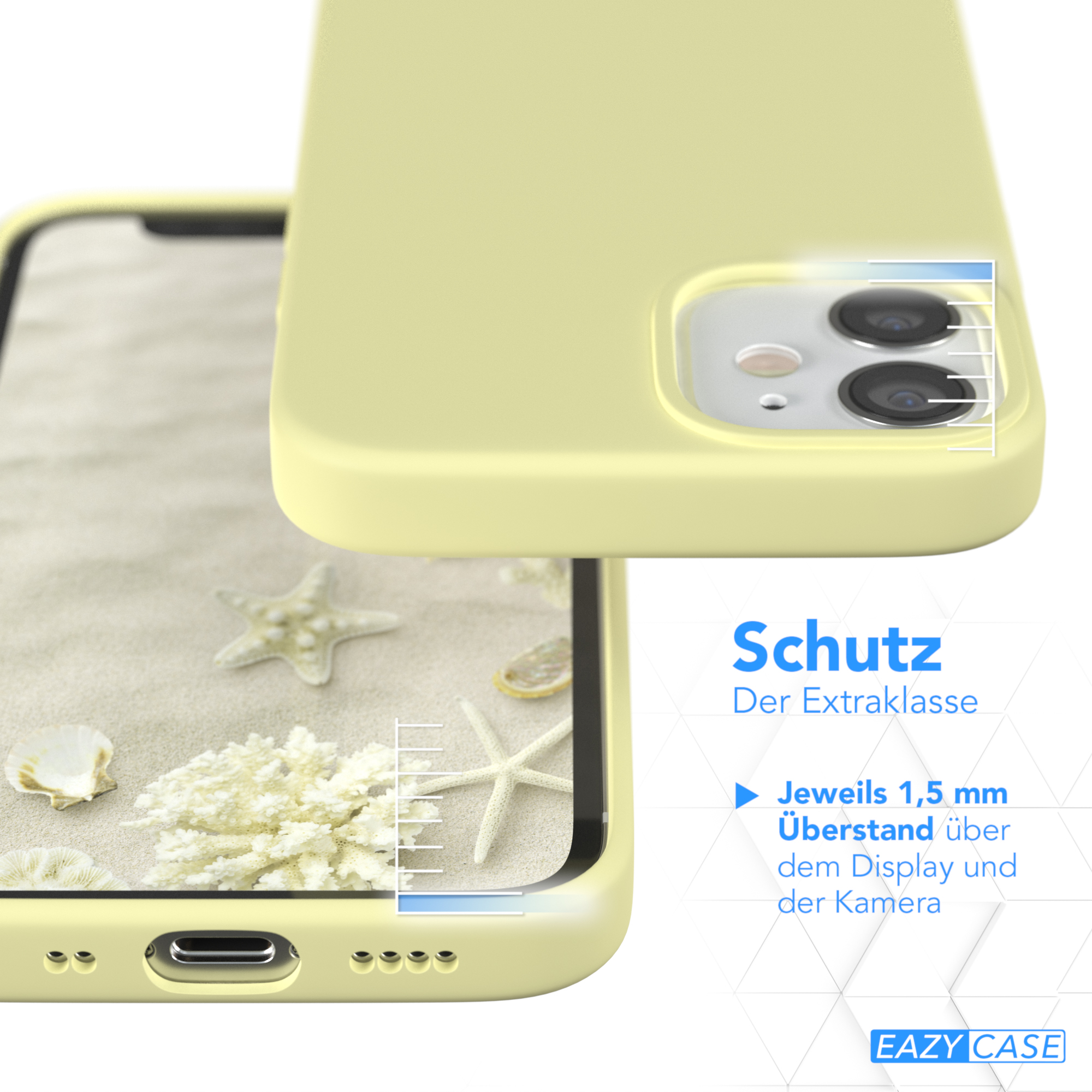 Gelbe Handyhülle auf einem Telefon. Text zeigt Schutz an.