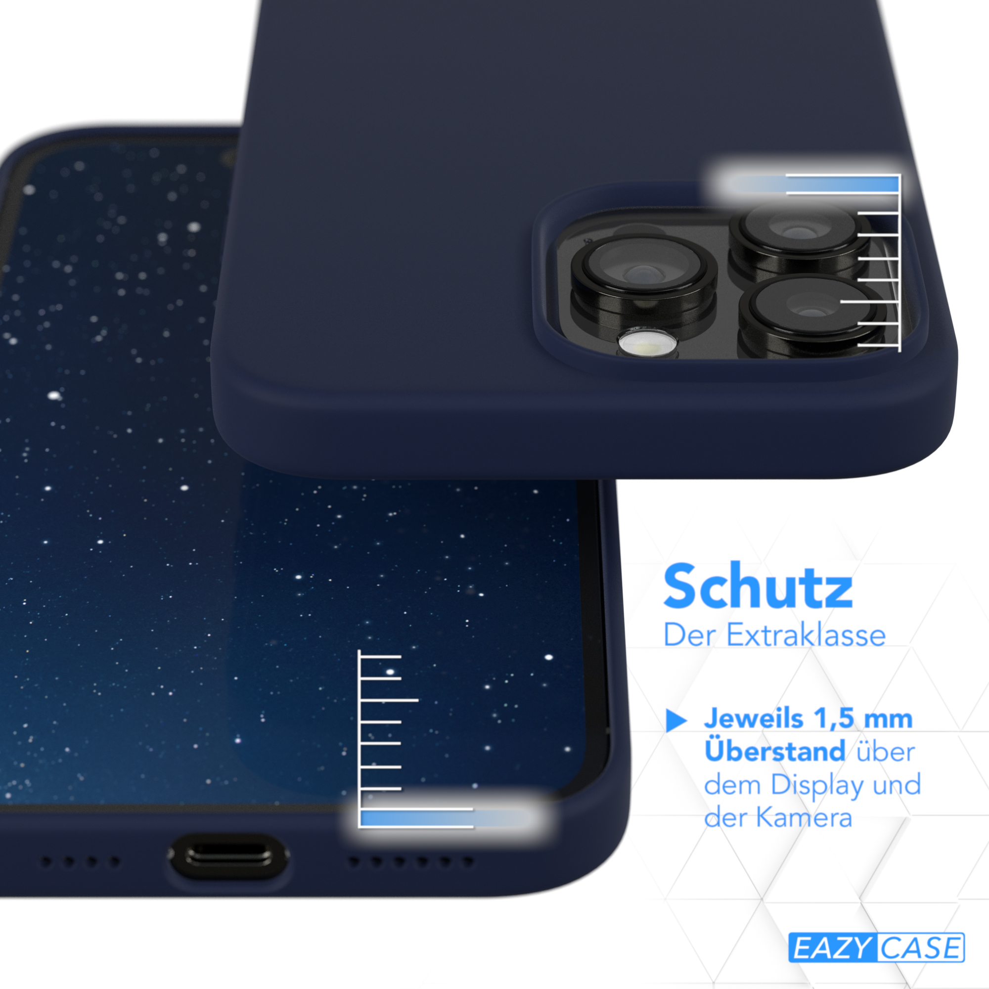 Nahaufnahme einer marineblauen Handyhülle auf einem Telefon. Text hebt Schutz hervor.