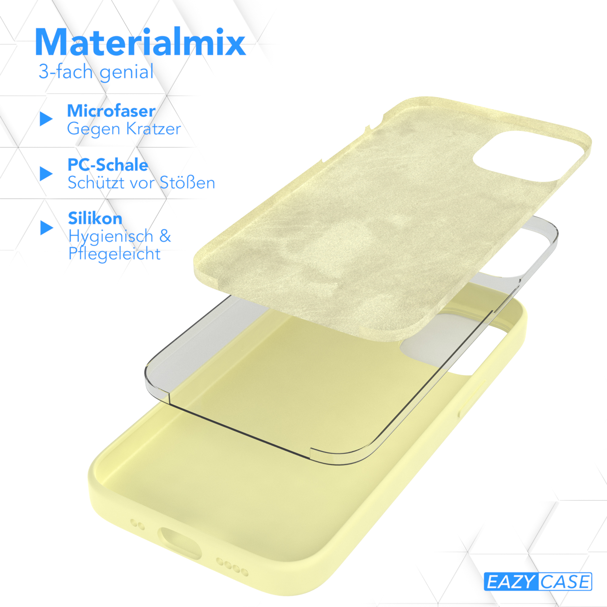 Eine zerlegte Handyhülle mit Schichten aus Mikrofaser, PC-Schale und Silikon. Gelbe Farbe.