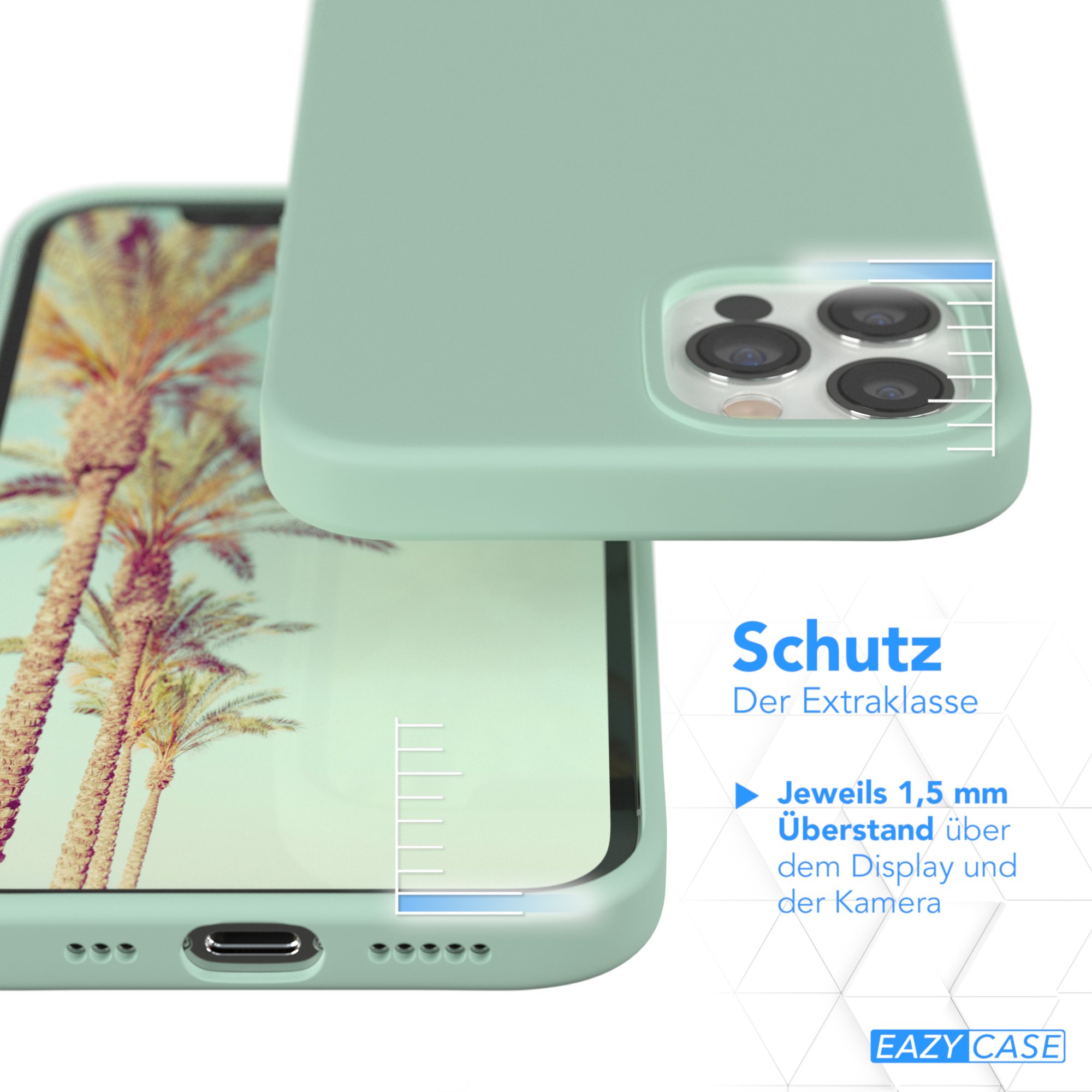 Handyhülle auf einem Telefon mit Palmenhintergrund und eine Schutzhülle.