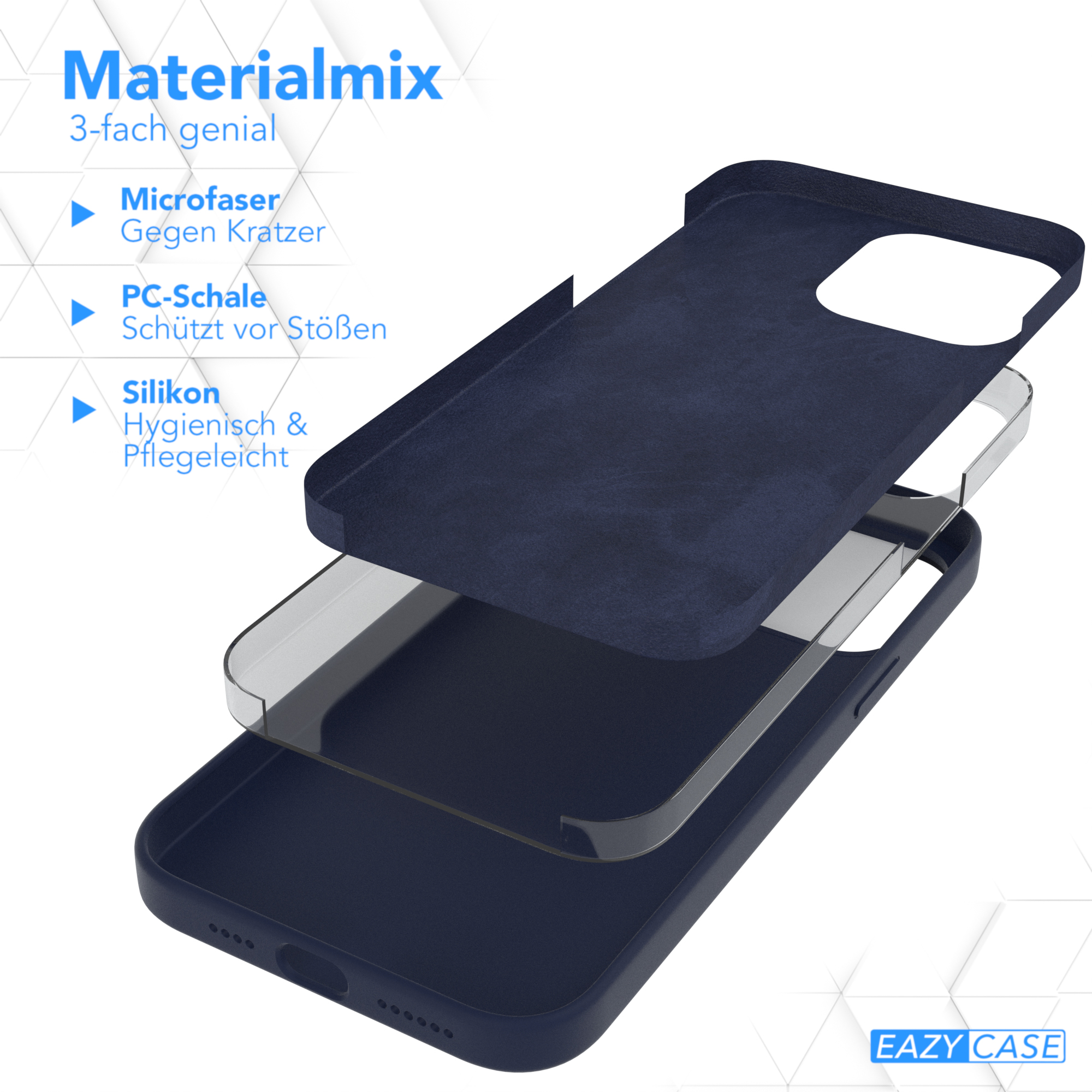 Dunkelblaue Handyhülle-Schichten: Mikrofaser, PC-Schale und Silikon.