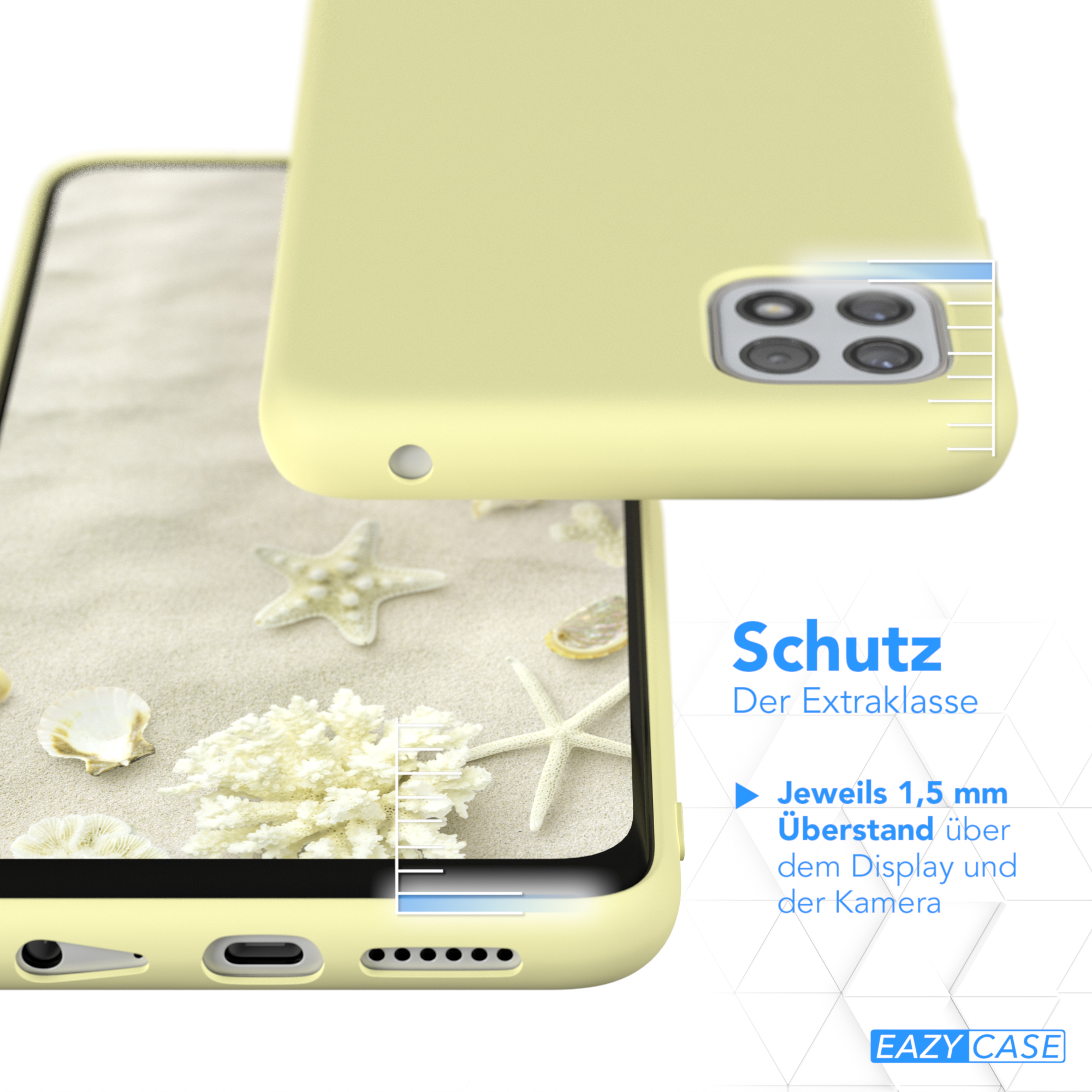 Handyhülle neben Sand und Muscheln. Text sagt 'Schutz' und Schutzdetails.