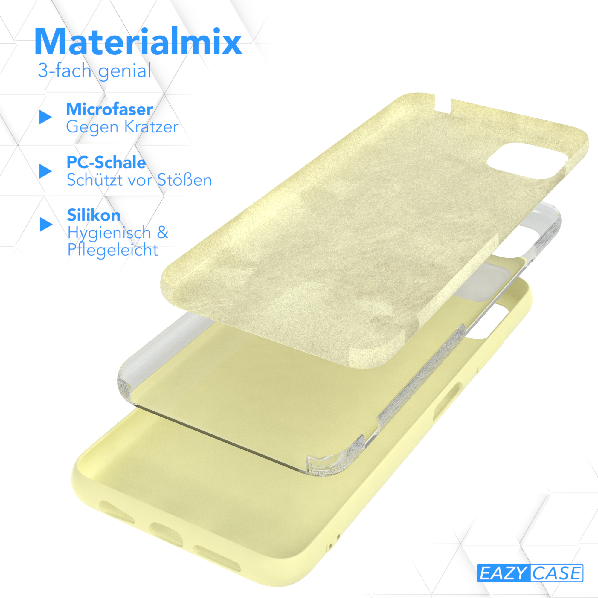 Gelbe Handyhülle: Mikrofaser, PC-Schale und Silikon. Text: Materialmix, 3-fach genial.