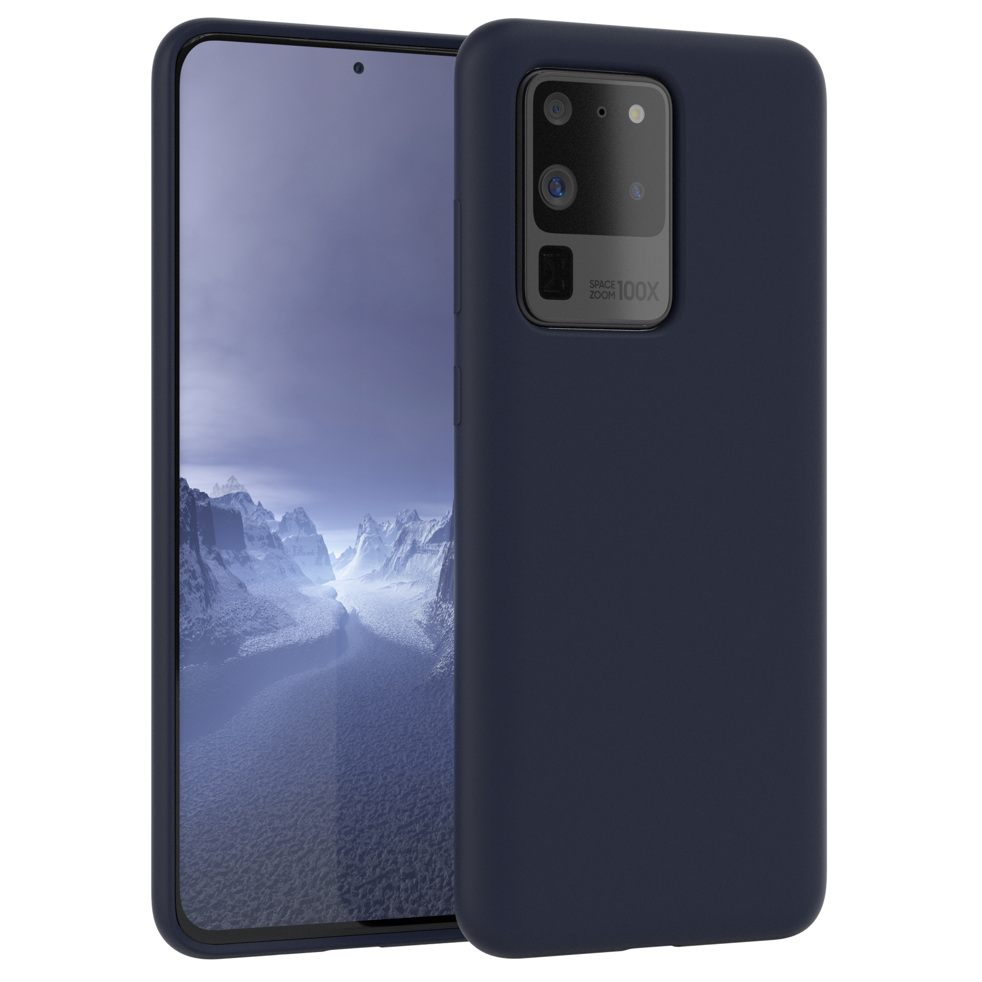 Dunkelblaue Handyhülle mit Telefon. Auf dem Bildschirm des Telefons ist eine Berglandschaft zu sehen.