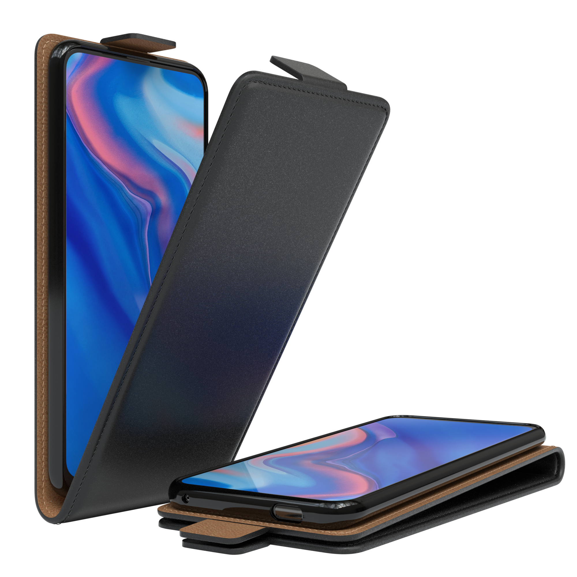 Geöffnete Handyhülle mit einem Telefon. Das Telefon hat einen Bildschirm mit einem farbenfrohen Bild. Die Hülle ist braun und schwarz.