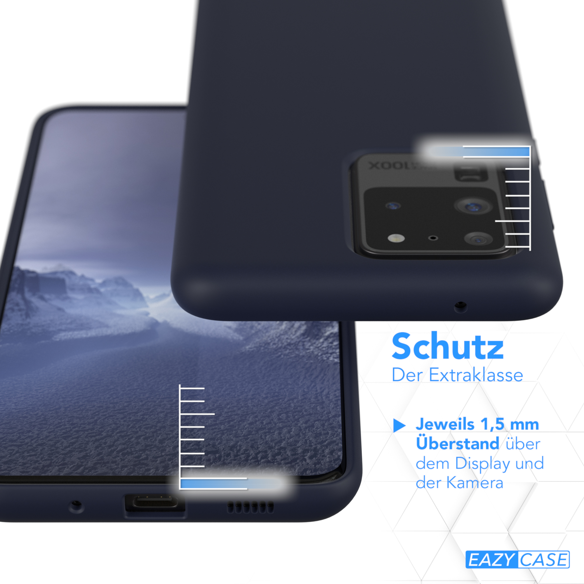 Eine Handyhülle auf einem Telefon. Der Text weist auf zusätzlichen Schutz für Display und Kamera hin.