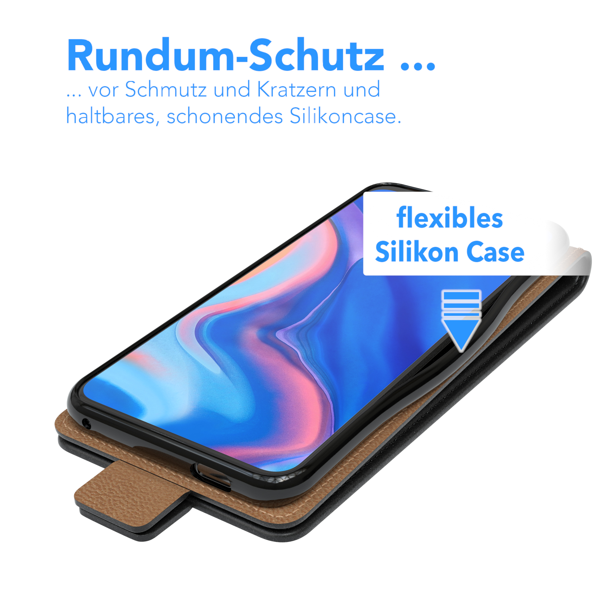 Geöffnete schwarze Handyhülle, zeigt ein Handy mit Bildschirm. Text auf Deutsch wird angezeigt.