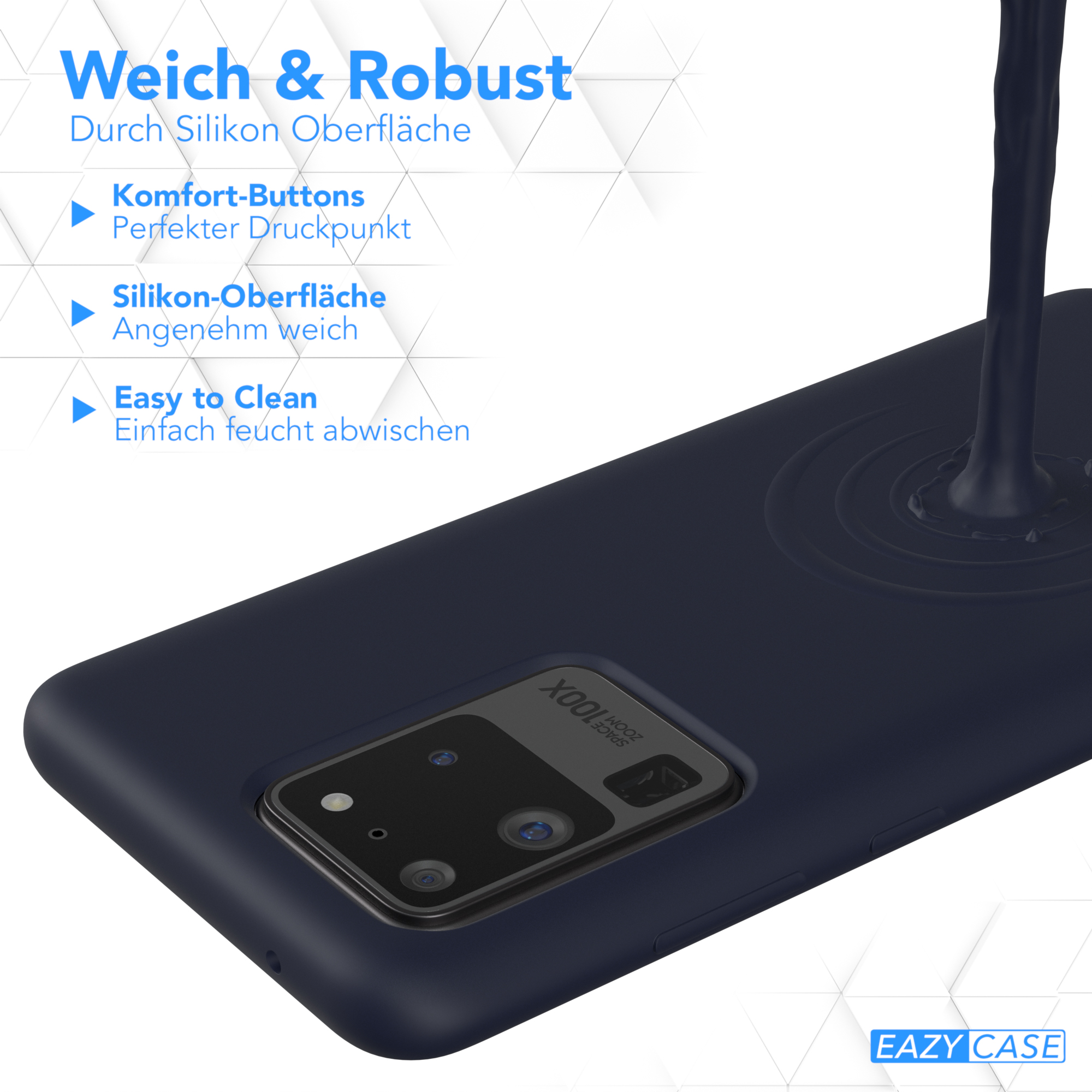 Nahaufnahme einer dunkelblauen Handyhülle mit einem Telefon darin. Die Hülle ist glatt und sauber.