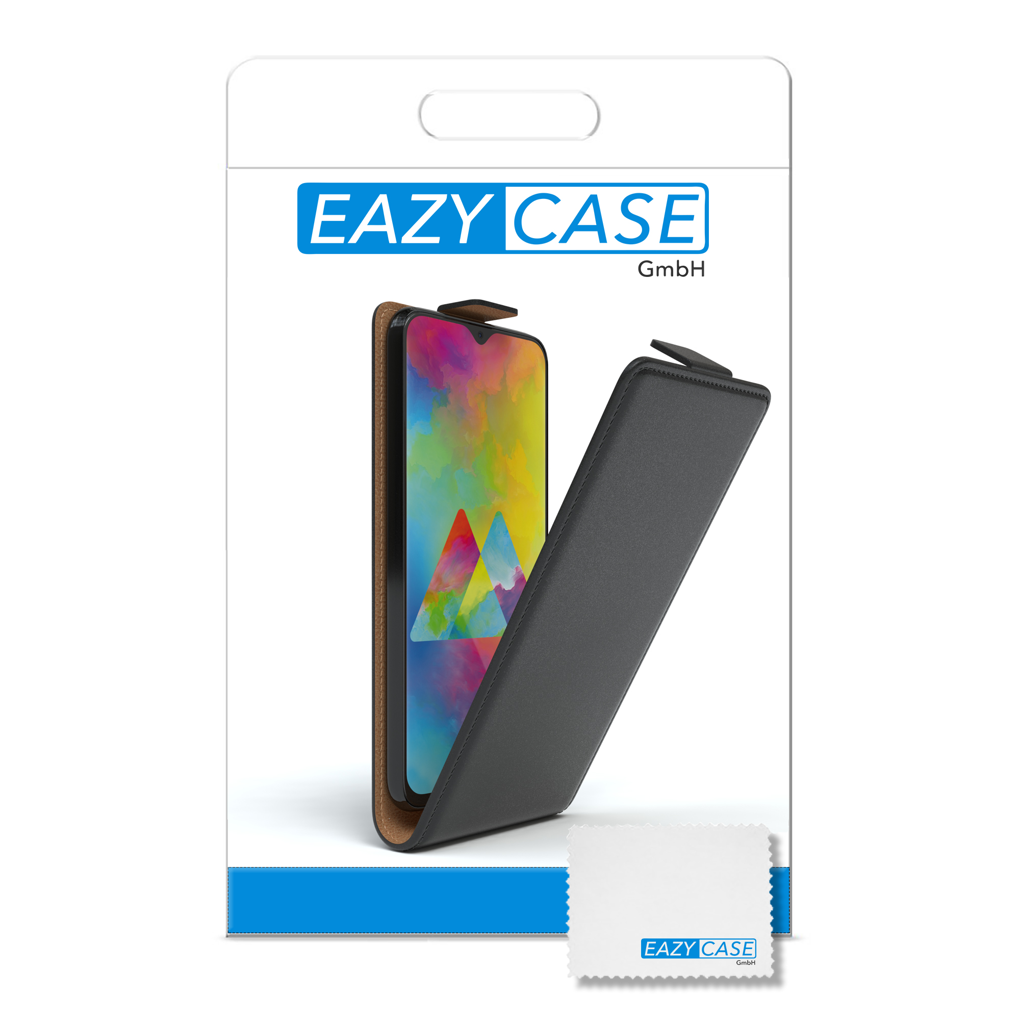 Telefonhüllenverpackung mit einem Telefon darin. Das Gehäuse ist schwarz und der Hintergrund ist weiß.