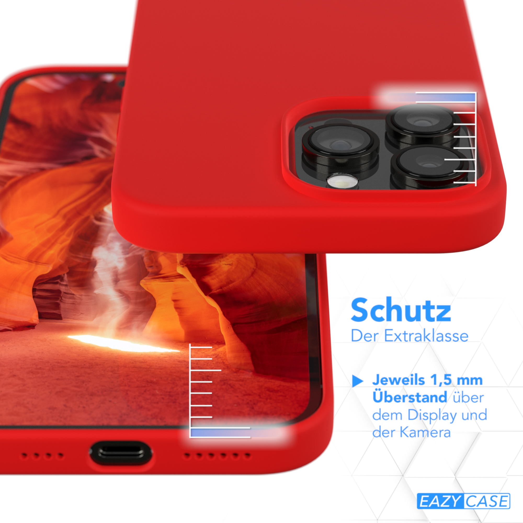 Rote Handyhülle und Telefon. Das Bild hebt den Schutz um Kamera und Display hervor.