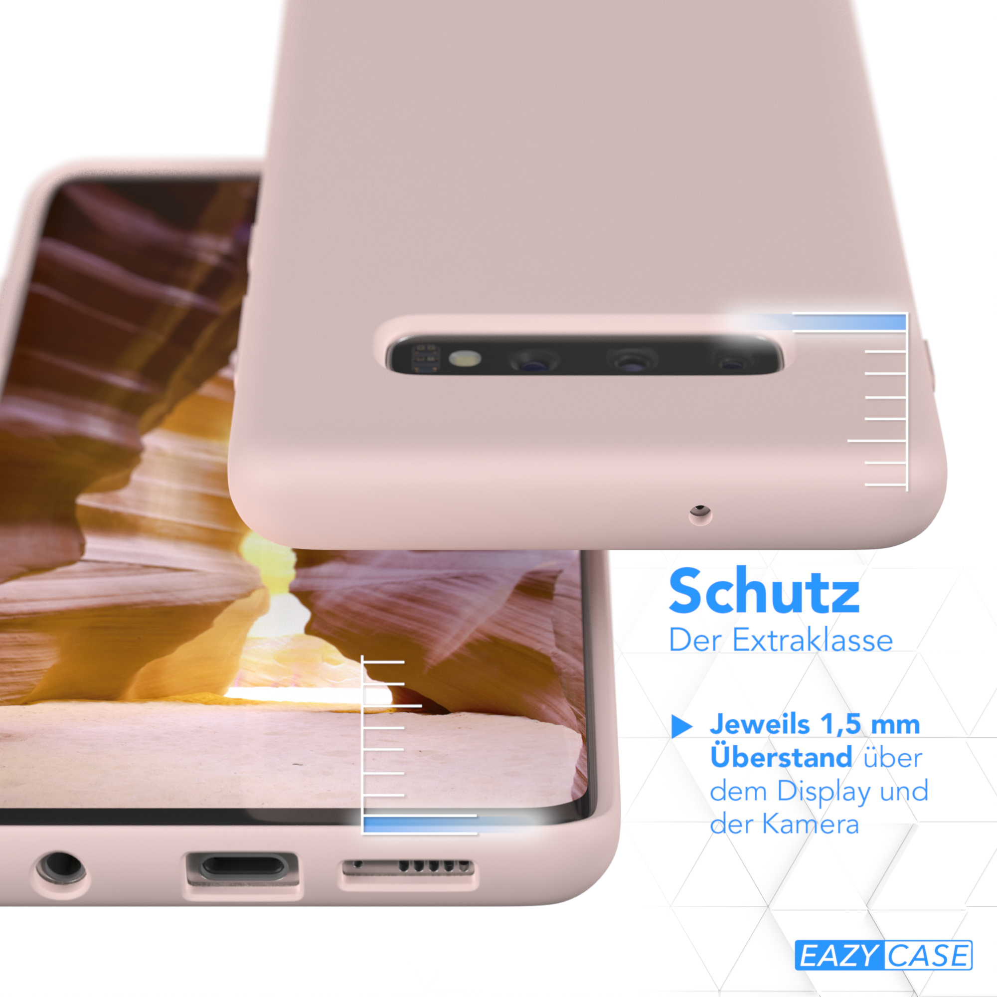 Rosa Handyhülle über einem Telefon. Der Hintergrund ist ein oranger Canyon. Text rechts.