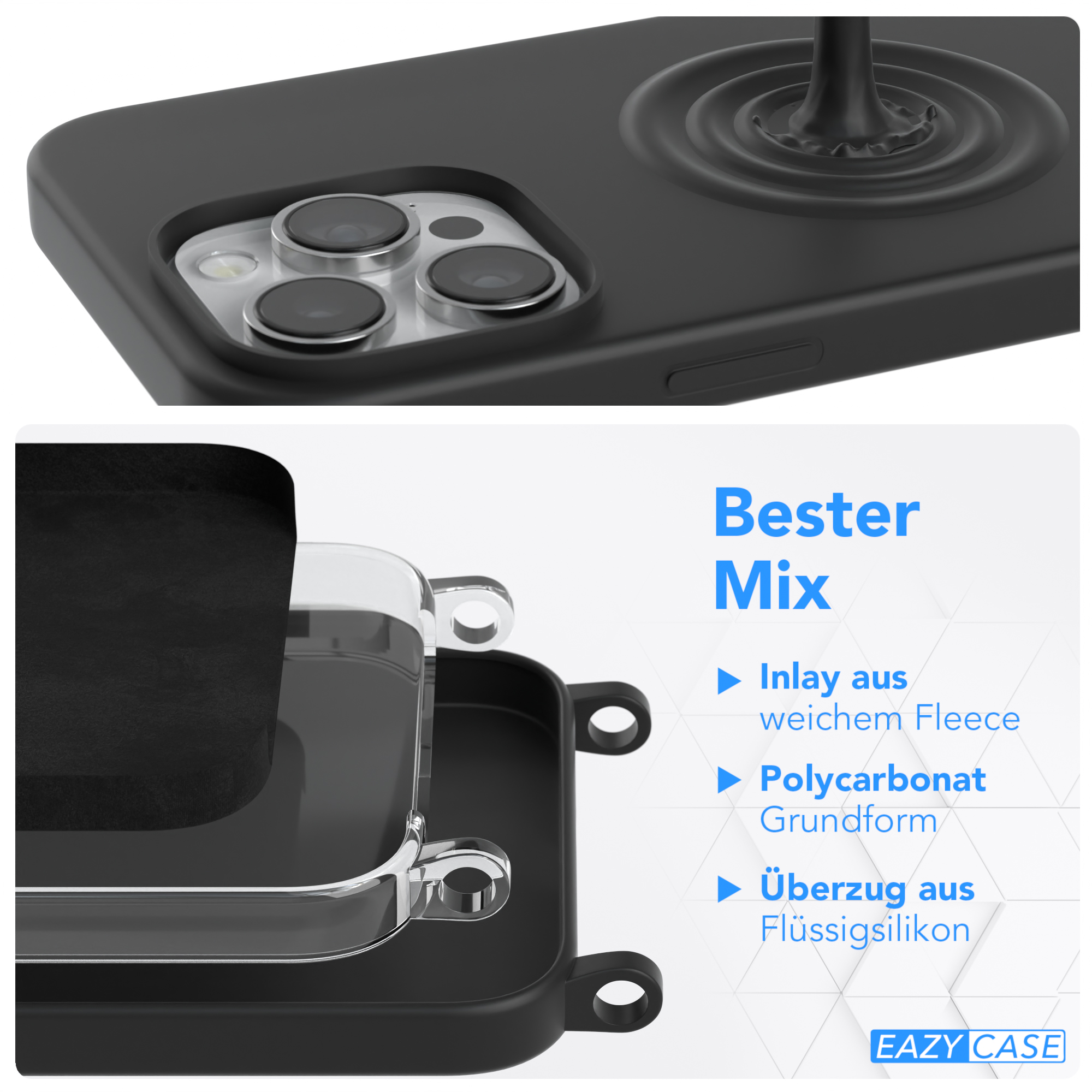 Schwarze Handyhülle mit Schichten: Fleece, Polycarbonat und Silikon. Oben liegt ein Telefon.